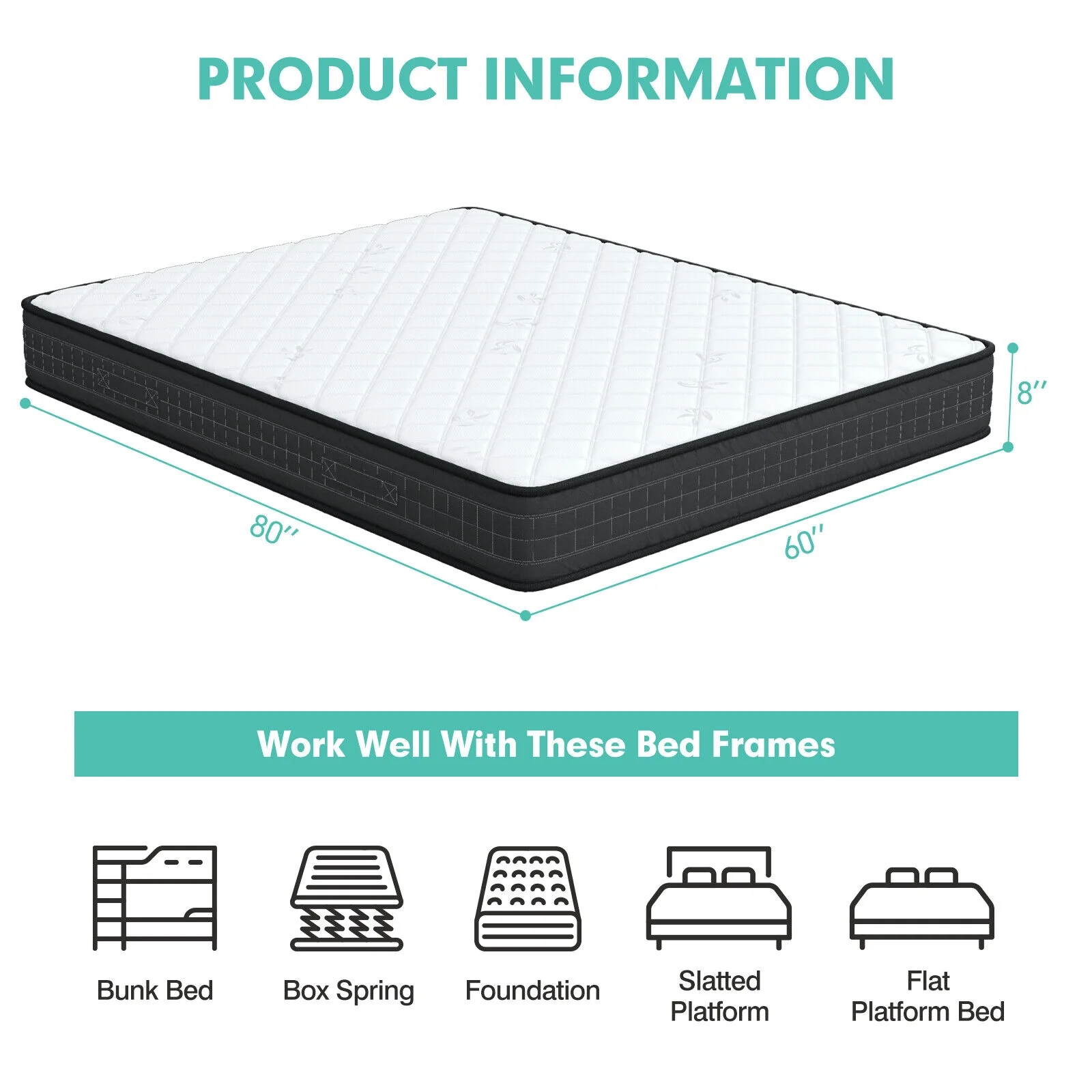 8 Inch Memory Foam Mattress, Medium Firm, Queen Size, White - Image 6