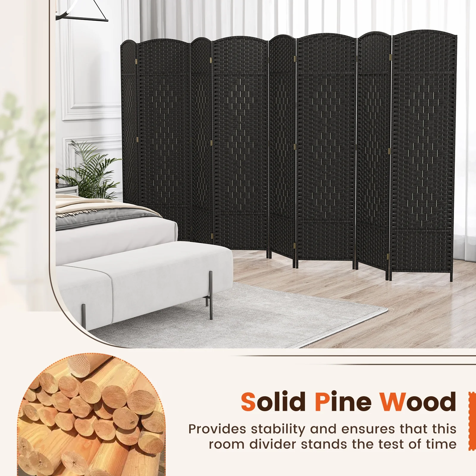8-Panel Folding Room Divider, Hand-Woven Texture, Solid Wood Frame, Black - Image 10