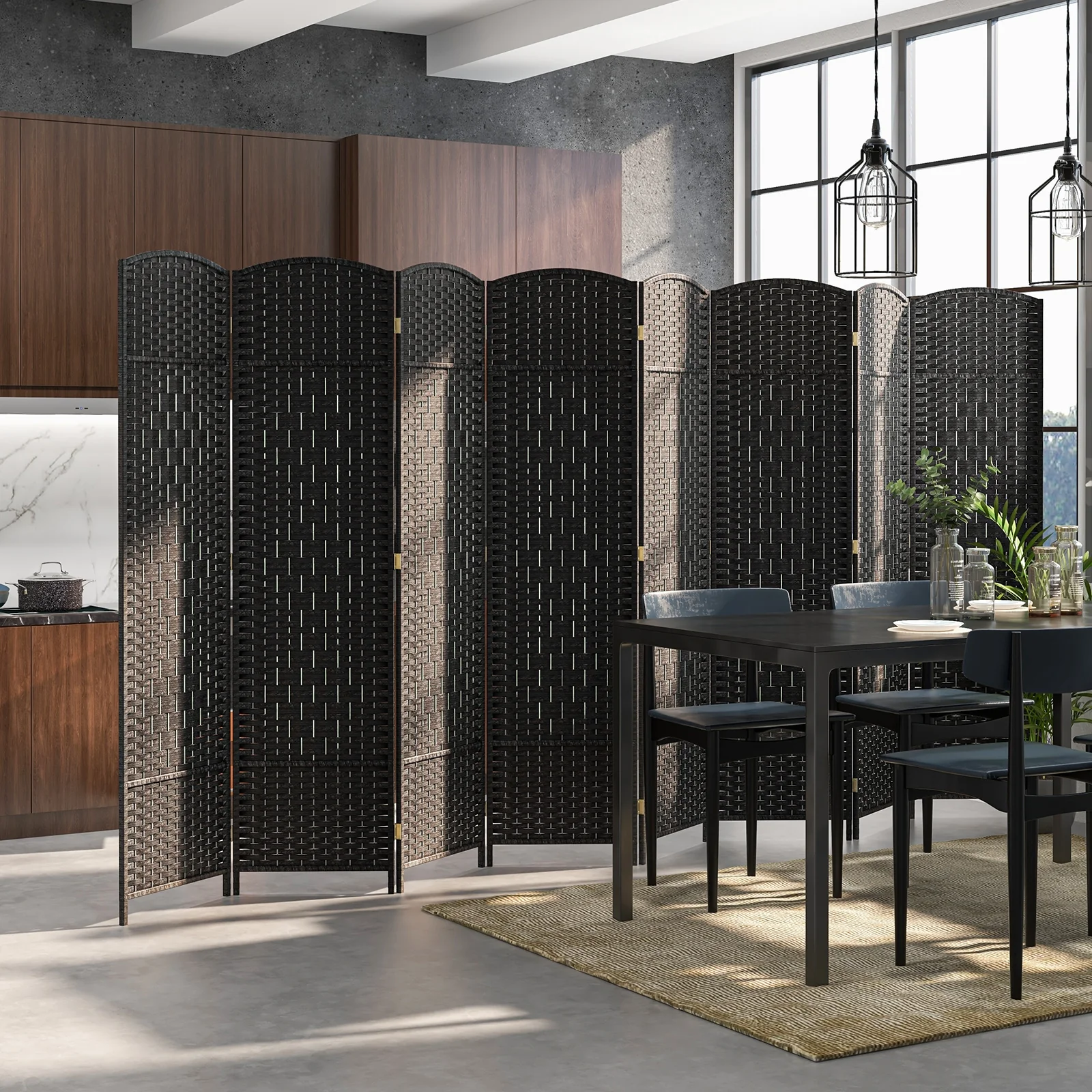 8-Panel Folding Room Divider, Hand-Woven Texture, Solid Wood Frame, Black - Image 2