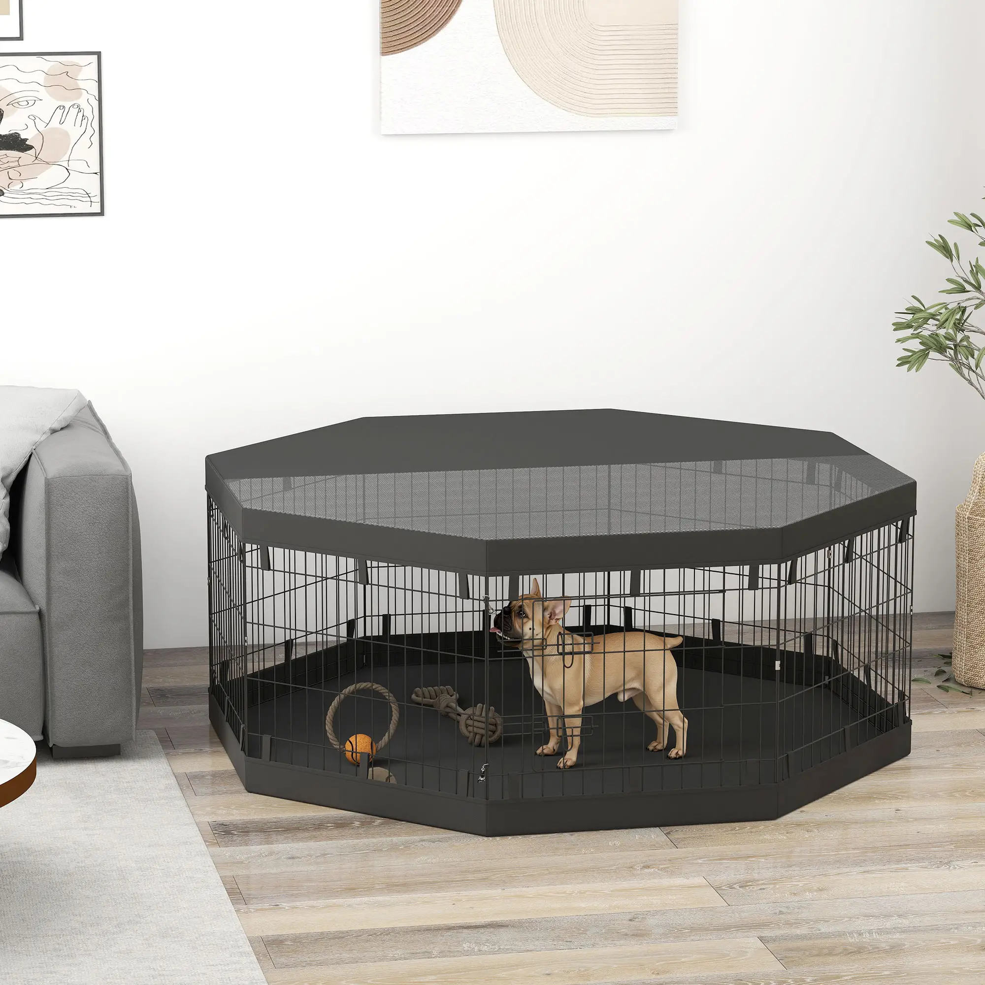 8 Panels Foldable Dog Playpen, 24" High, With Bottom Pad, Top Cover - Image 2
