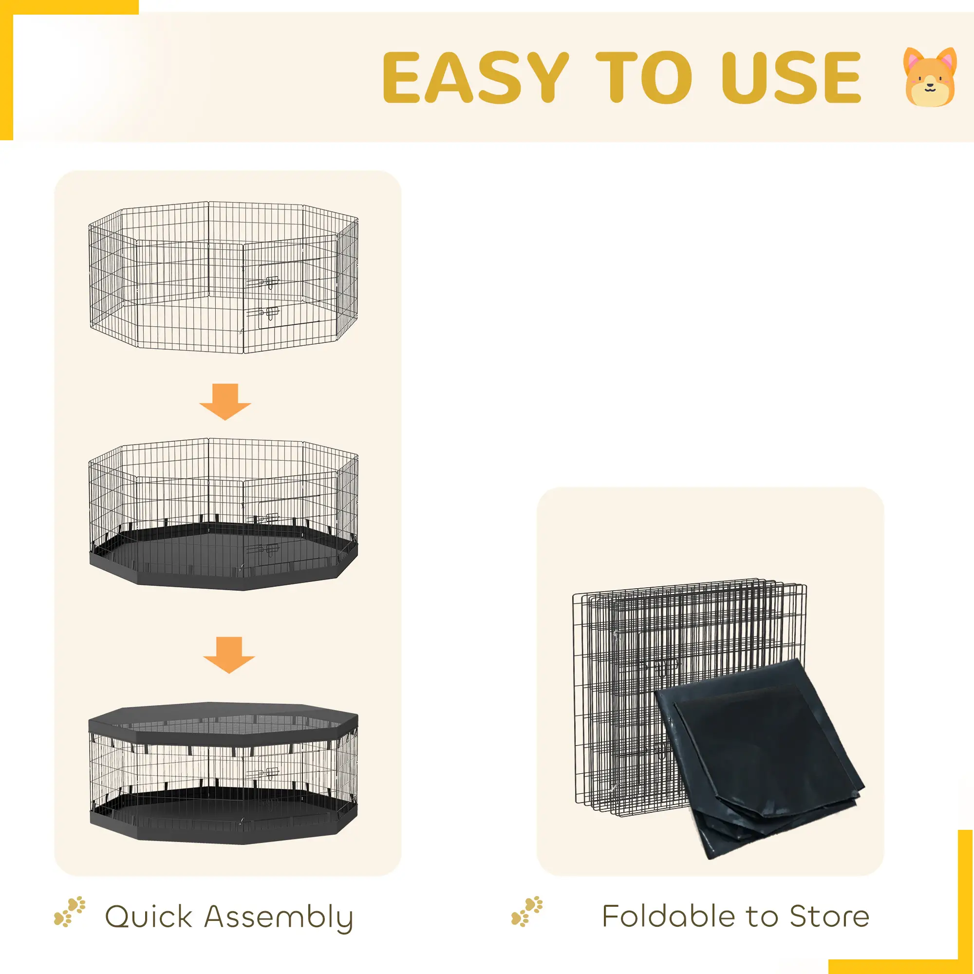 8 Panels Foldable Dog Playpen, 24" High, With Bottom Pad, Top Cover - Image 5