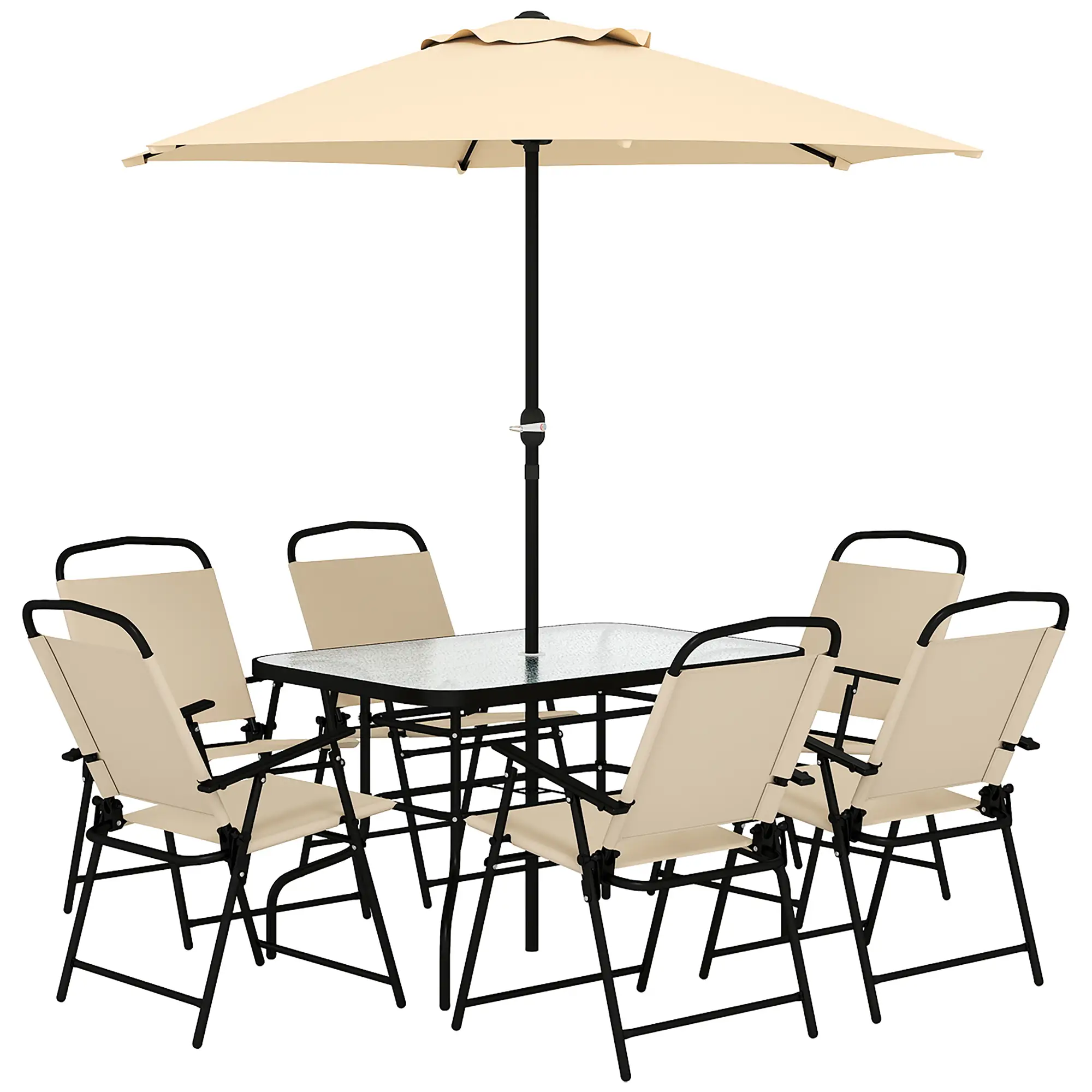 8 PCS Folding Patio Dining Set, 47" Table with 6 Chairs, 7' Umbrella, Beige - Image 11