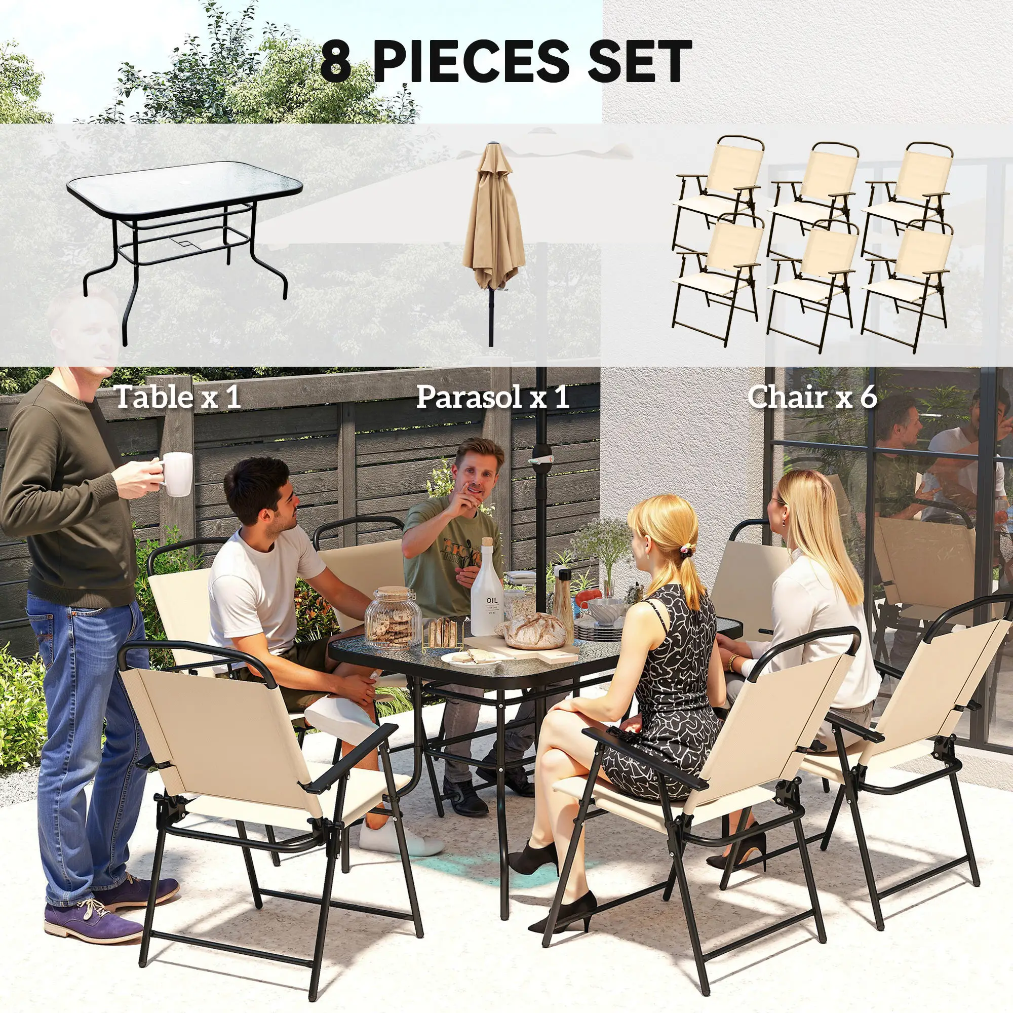 8 PCS Folding Patio Dining Set, 47" Table with 6 Chairs, 7' Umbrella, Beige - Image 4