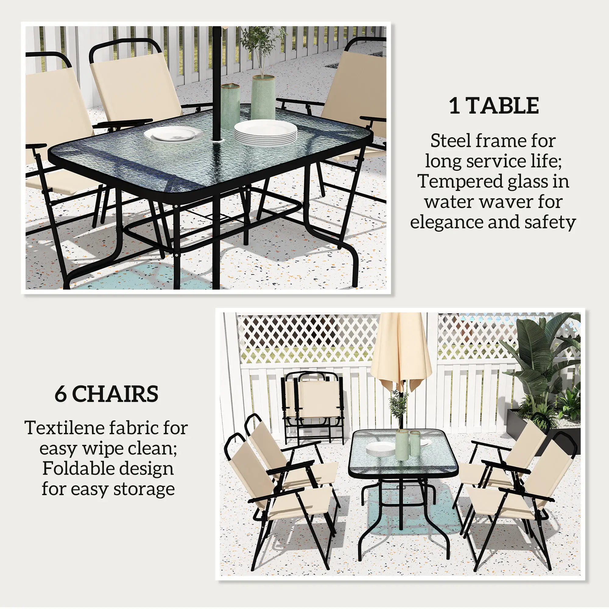 8 PCS Folding Patio Dining Set, 47" Table with 6 Chairs, 7' Umbrella, Beige - Image 6