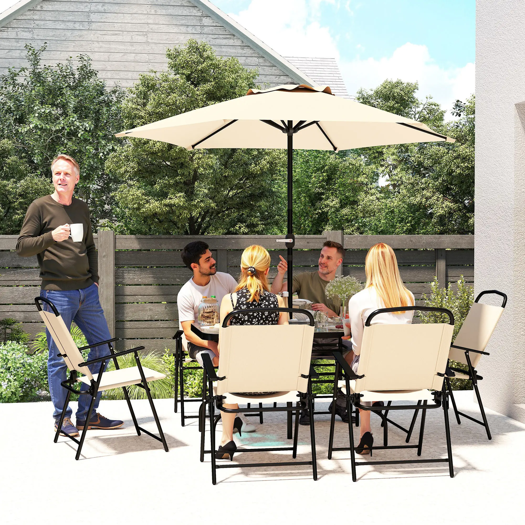 8 PCS Folding Patio Dining Set, 47" Table with 6 Chairs, 7' Umbrella, Beige - Image 9
