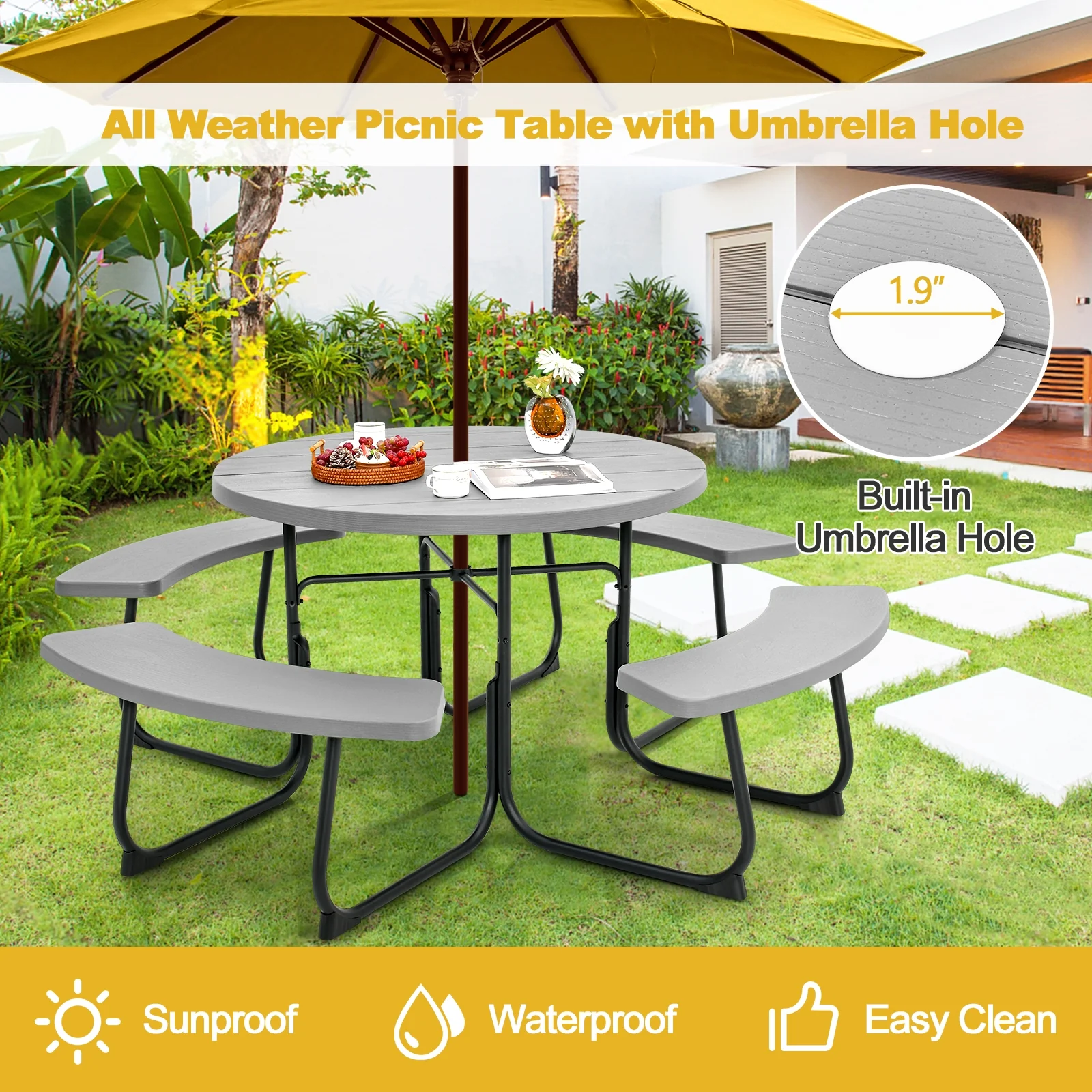 8-Person Outdoor Picnic Table And Bench Set, Gray - Image 6