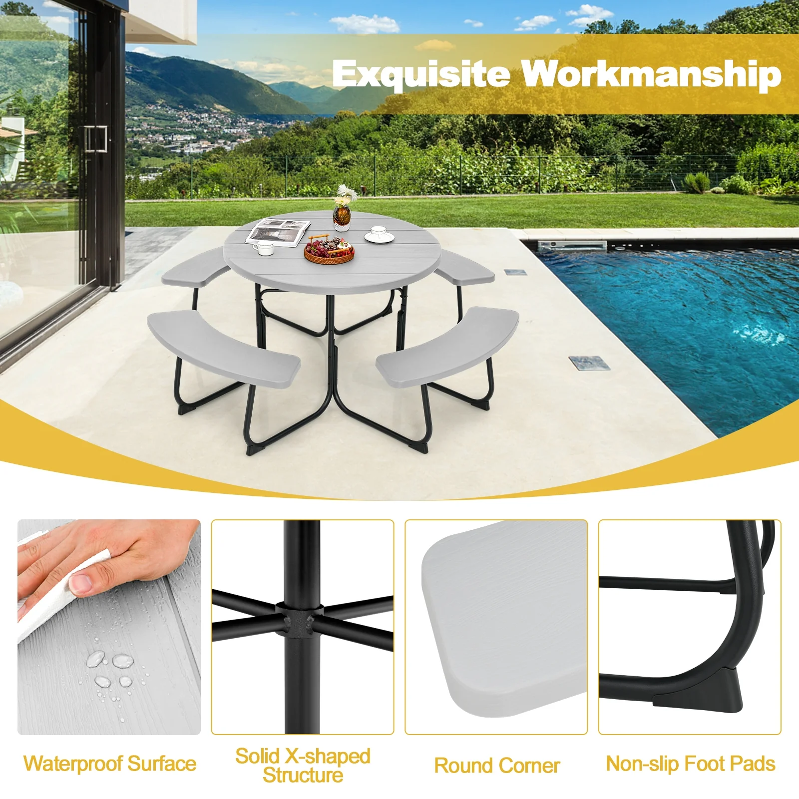 8-Person Outdoor Picnic Table And Bench Set, Gray - Image 8