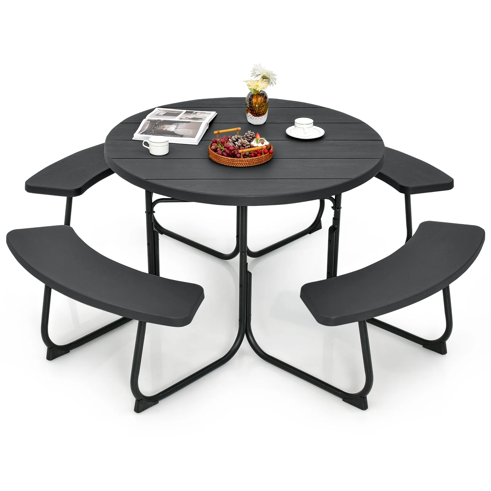 8-Person Picnic Table Bench Set, Umbrella Hole, Black - Image 3