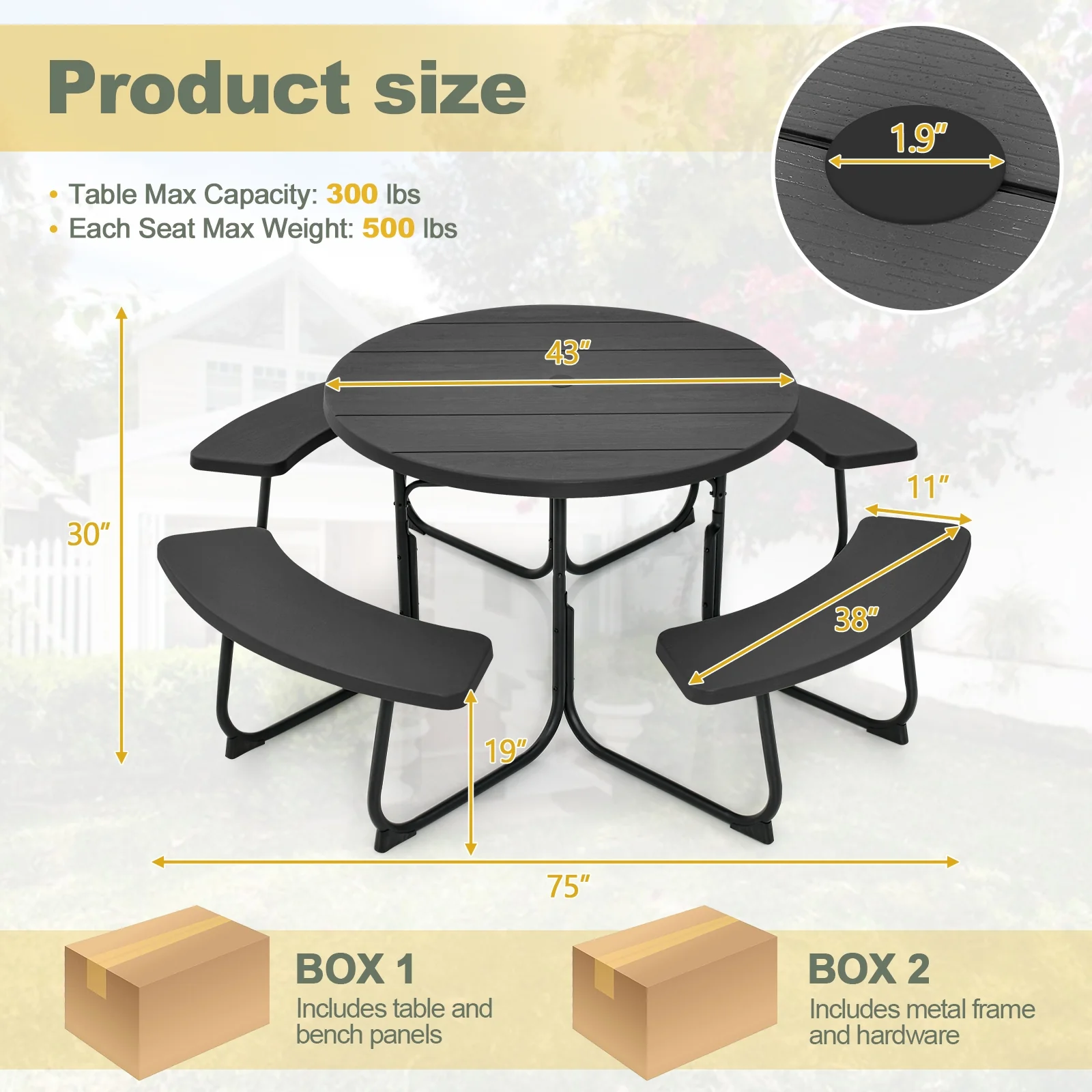 8-Person Picnic Table Bench Set, Umbrella Hole, Black - Image 5