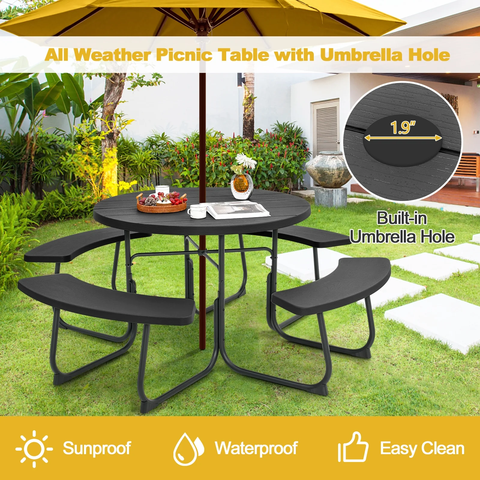 8-Person Picnic Table Bench Set, Umbrella Hole, Black - Image 6