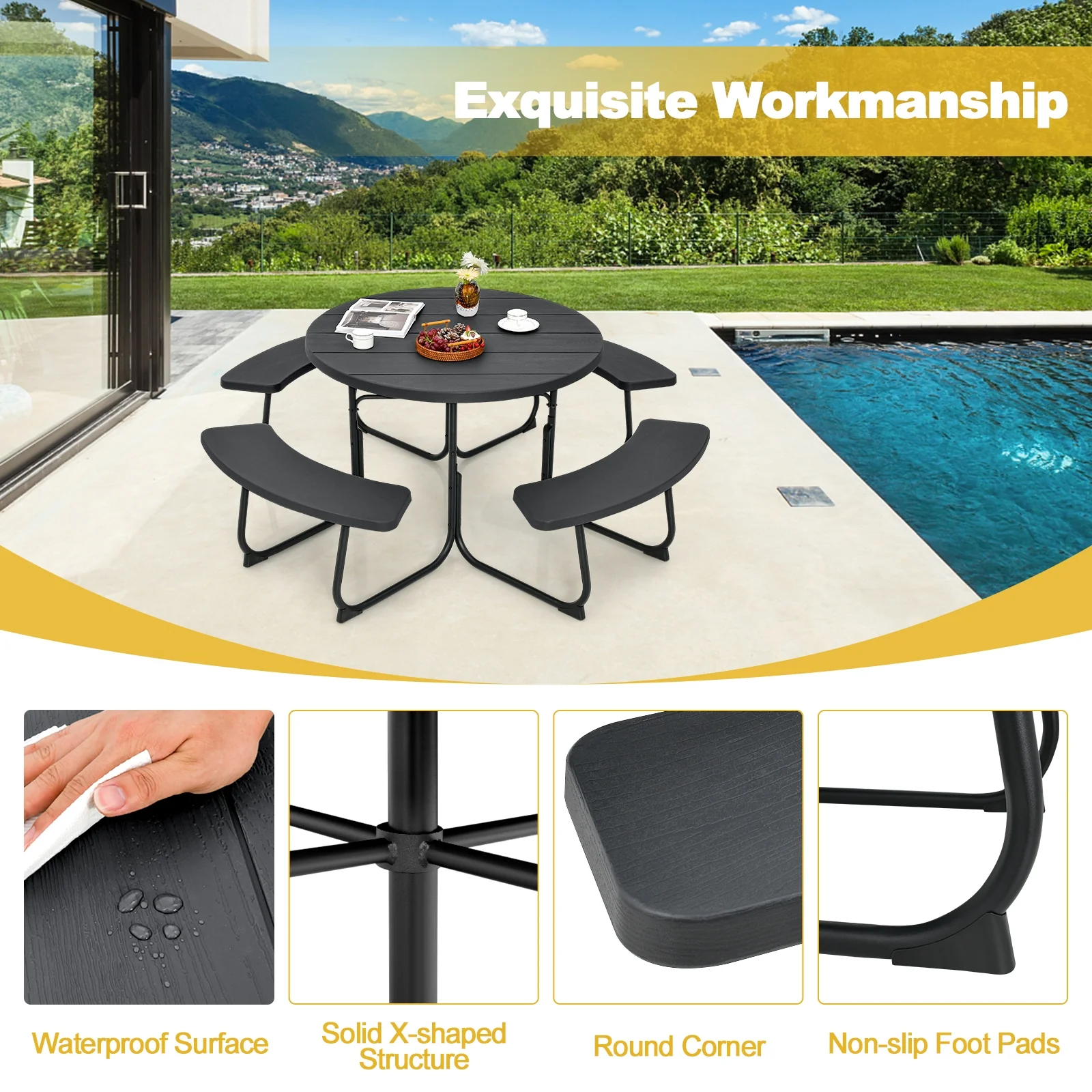 8-Person Picnic Table Bench Set, Umbrella Hole, Black - Image 8