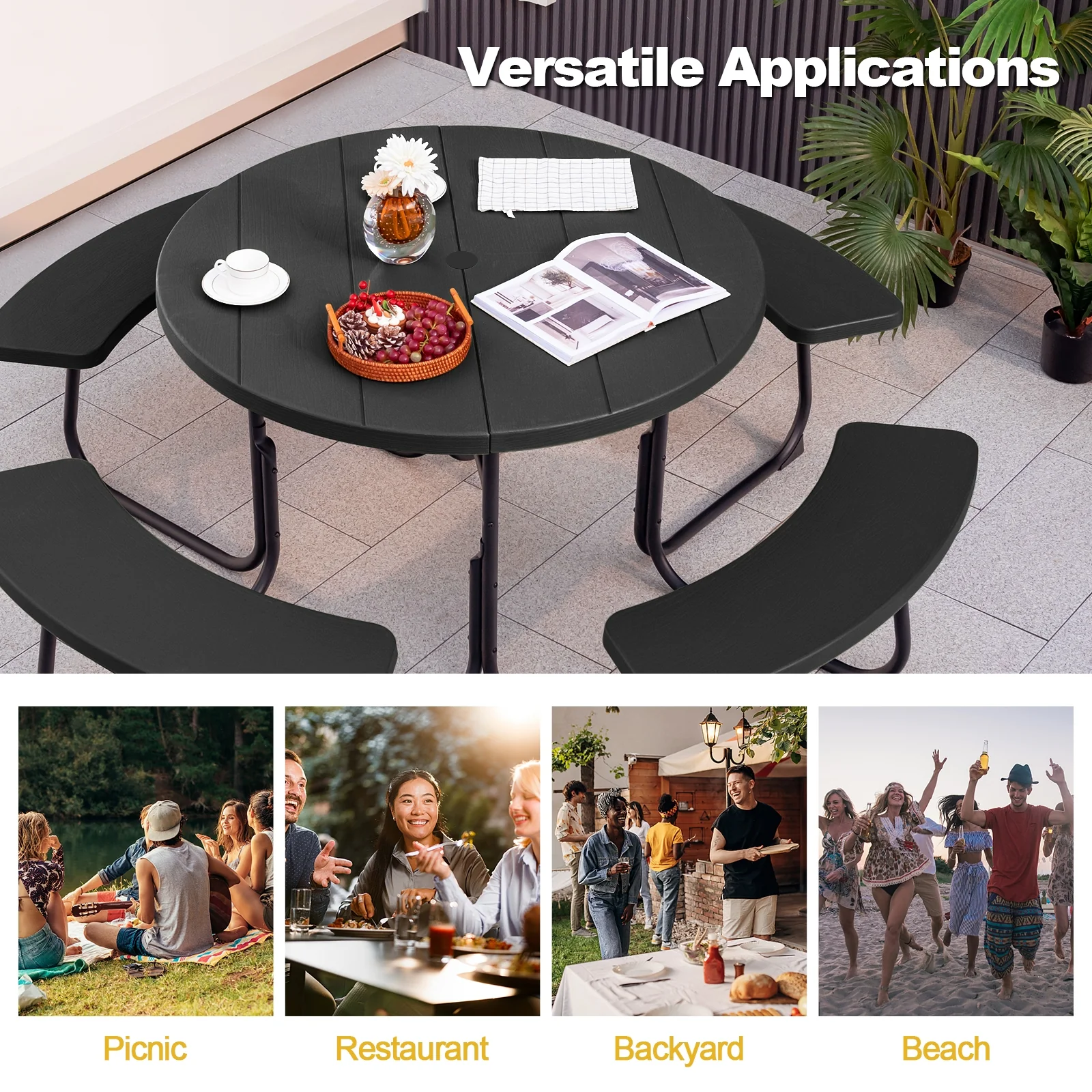 8-Person Picnic Table Bench Set, Umbrella Hole, Black - Image 9