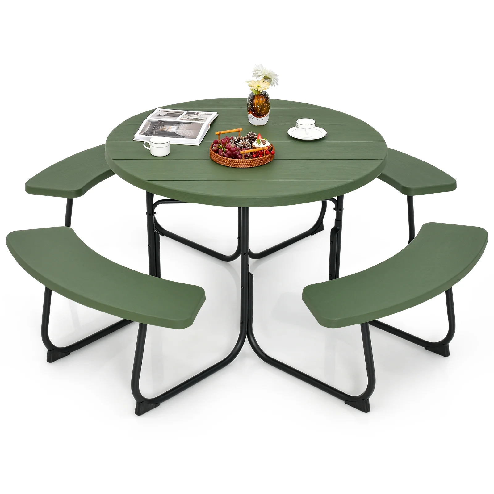 8-Person Picnic Table With Bench Set, Umbrella Hole, Green - Image 3