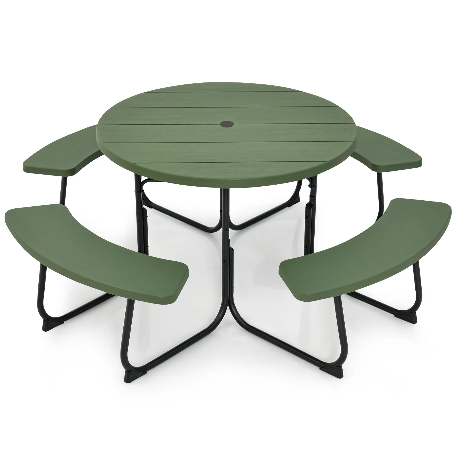 8-Person Picnic Table With Bench Set, Umbrella Hole, Green - Image 4