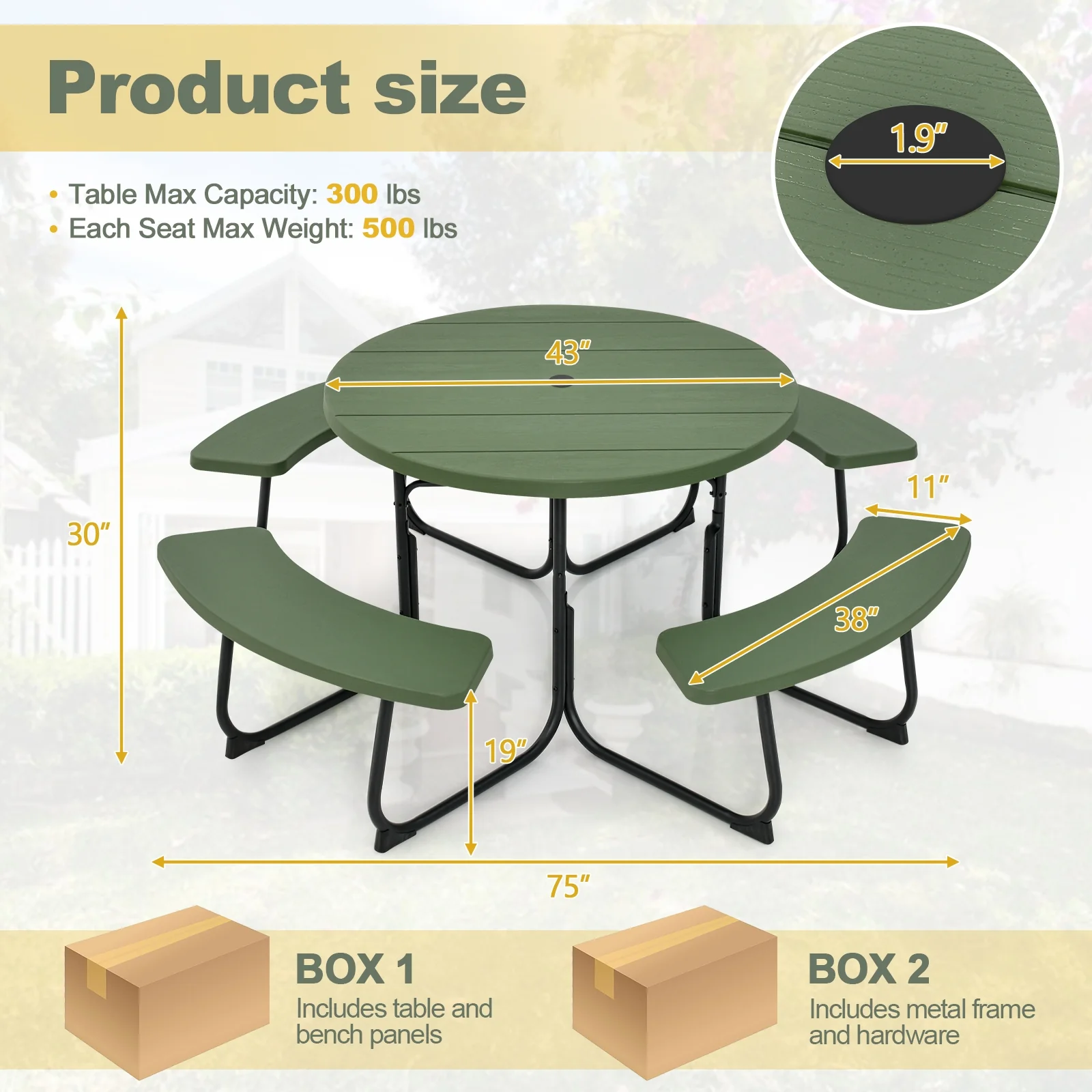 8-Person Picnic Table With Bench Set, Umbrella Hole, Green - Image 5