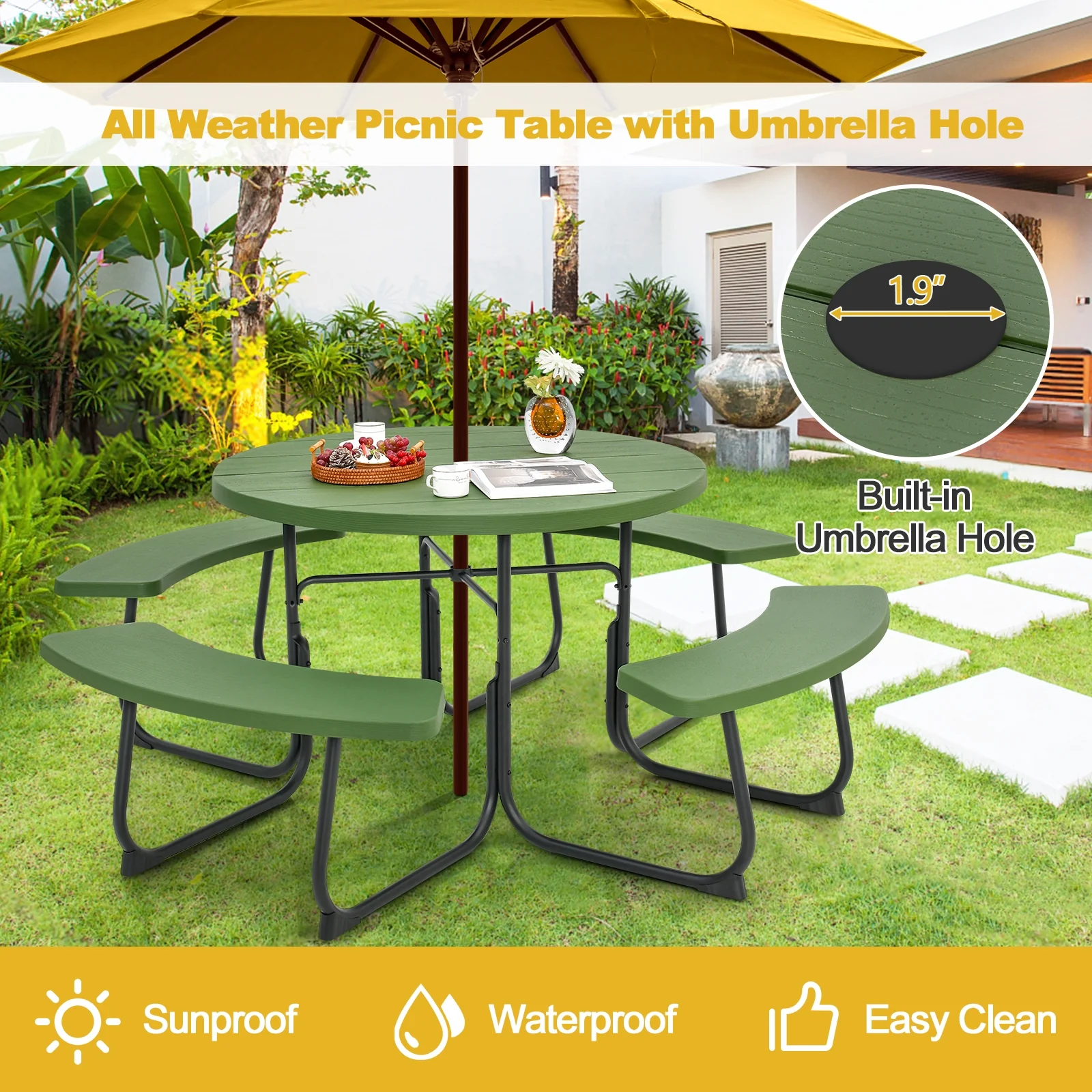 8-Person Picnic Table With Bench Set, Umbrella Hole, Green - Image 6