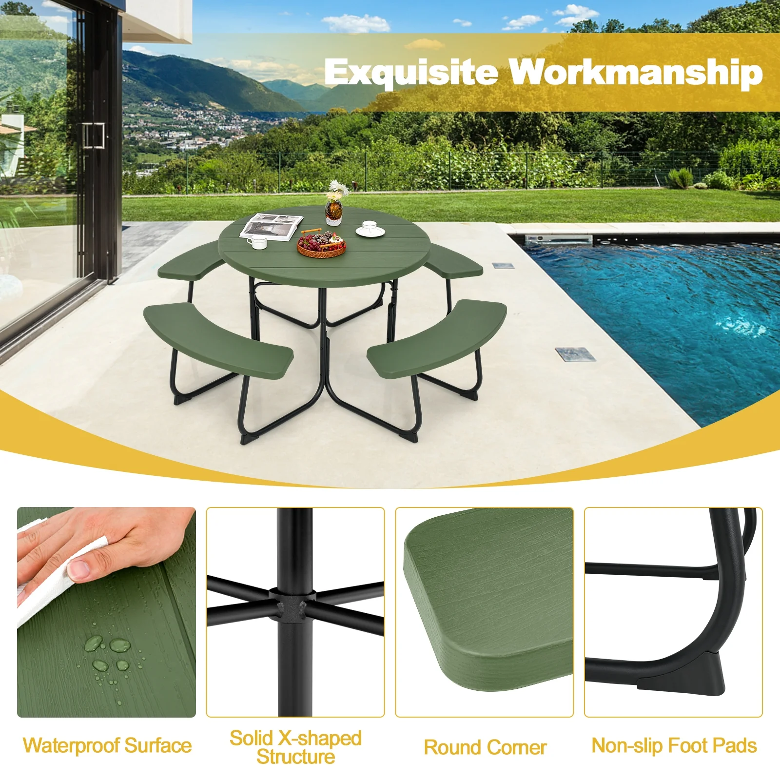 8-Person Picnic Table With Bench Set, Umbrella Hole, Green - Image 8