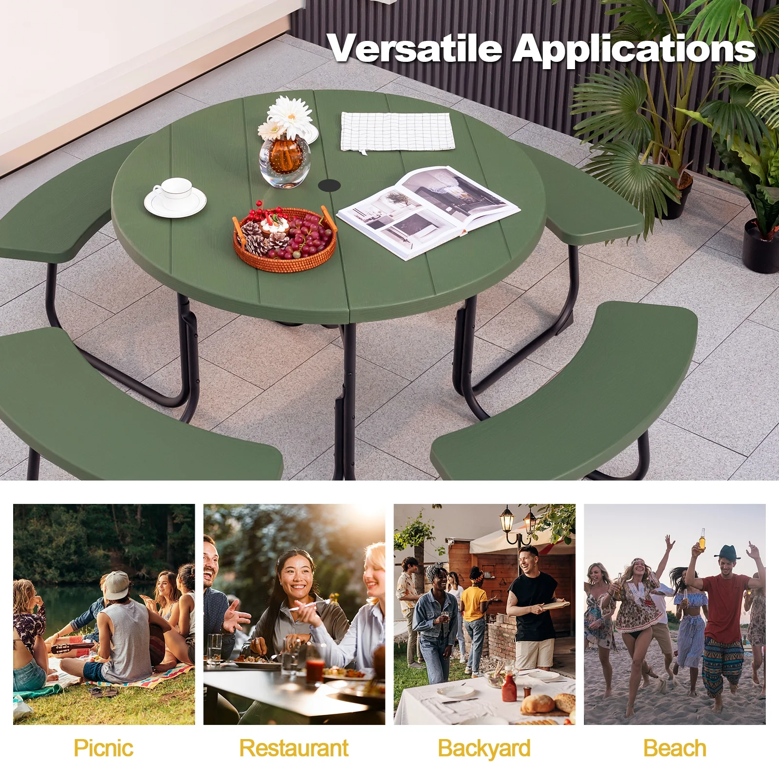 8-Person Picnic Table With Bench Set, Umbrella Hole, Green - Image 9