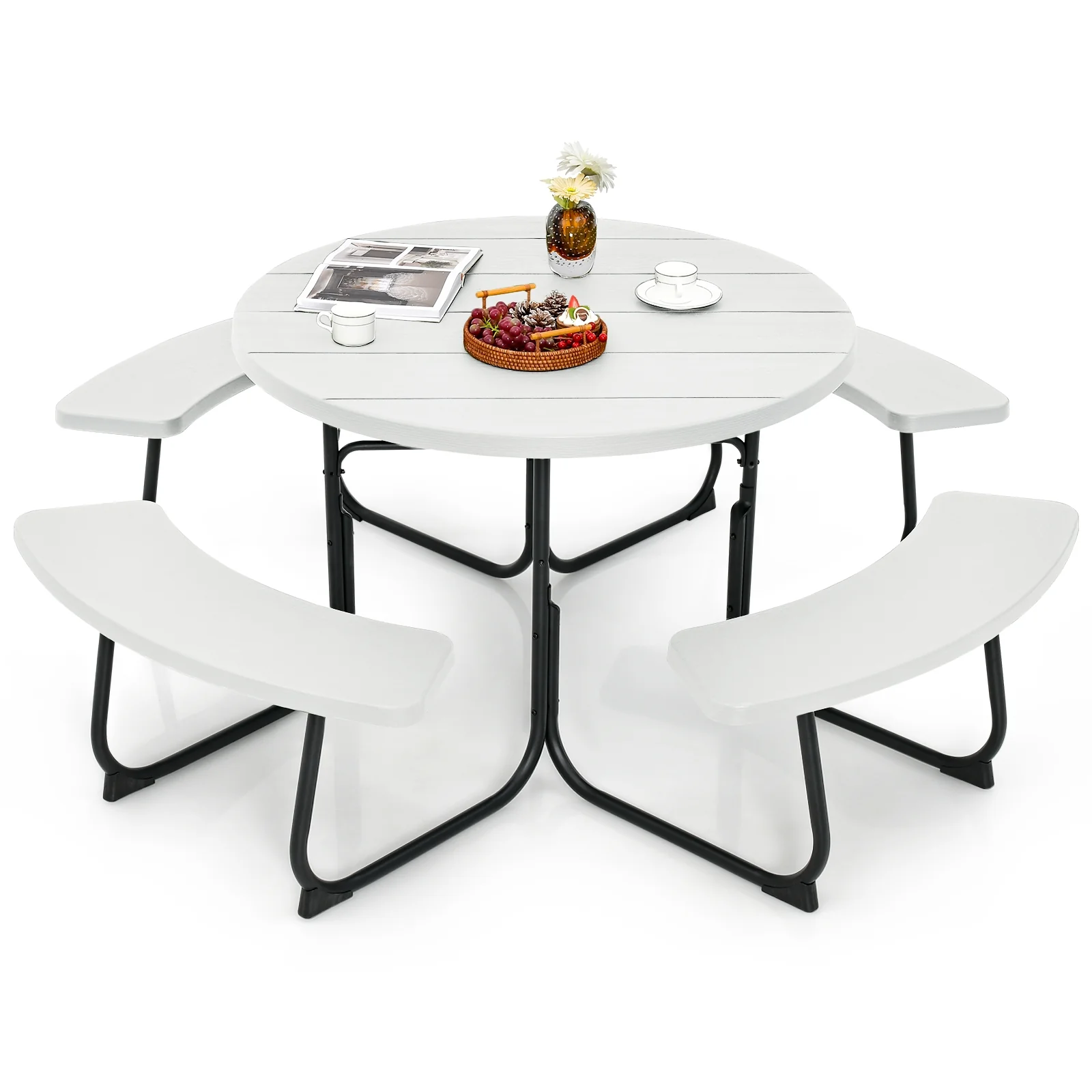 8-Person Picnic Table With Bench Set, Umbrella Hole, White - Image 3
