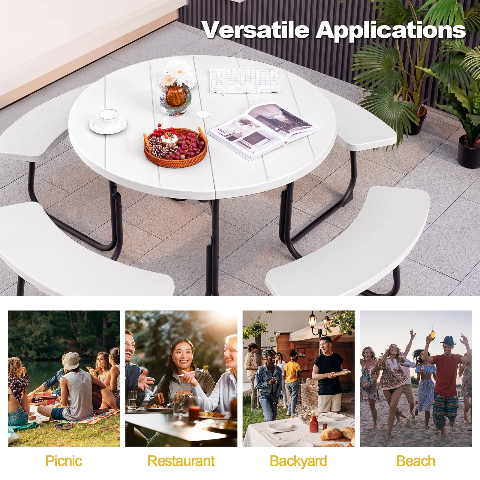 8-Person Picnic Table With Bench Set, Umbrella Hole, White - Image 9