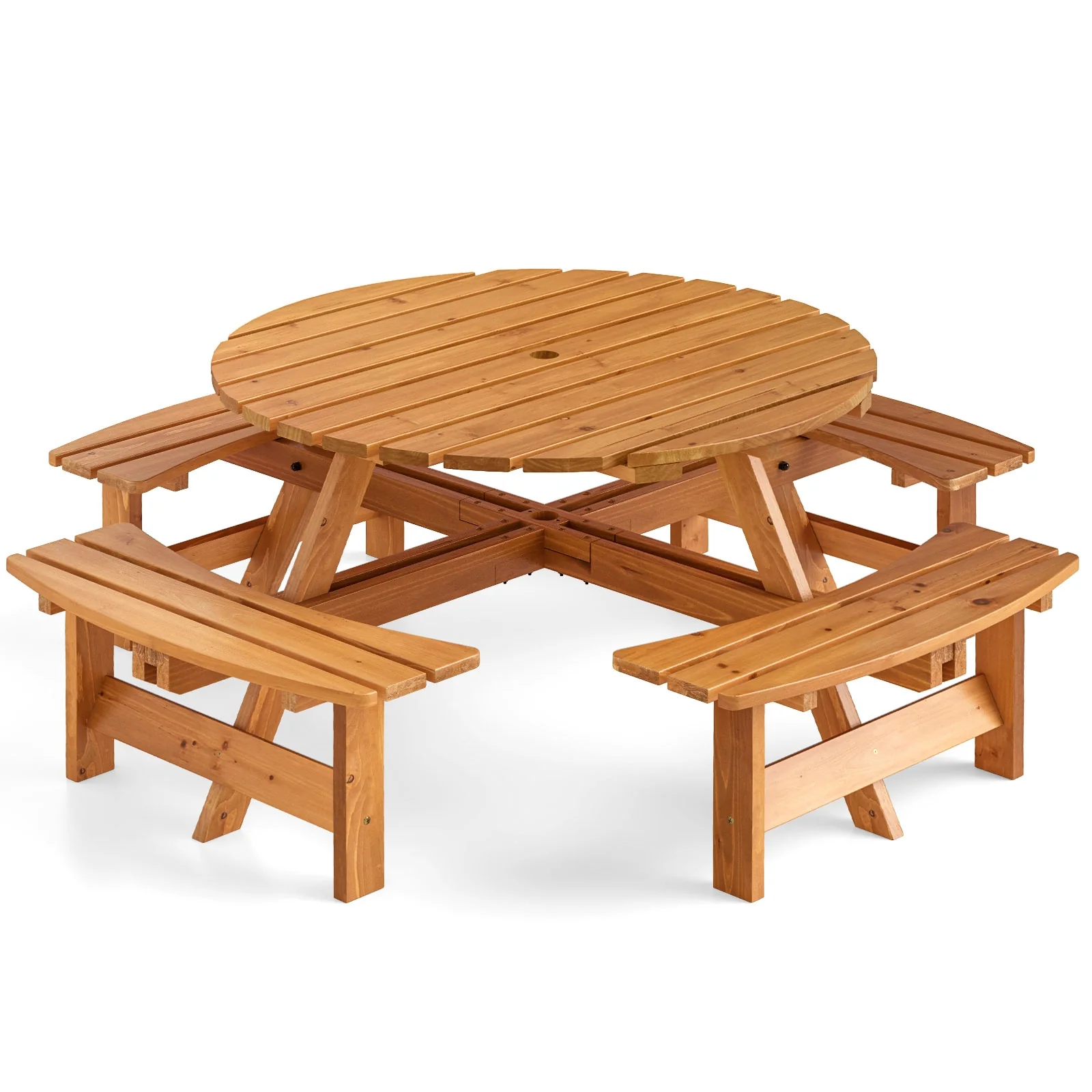 8-Person Round Picnic Table Set With Benches, Yellow - Image 4