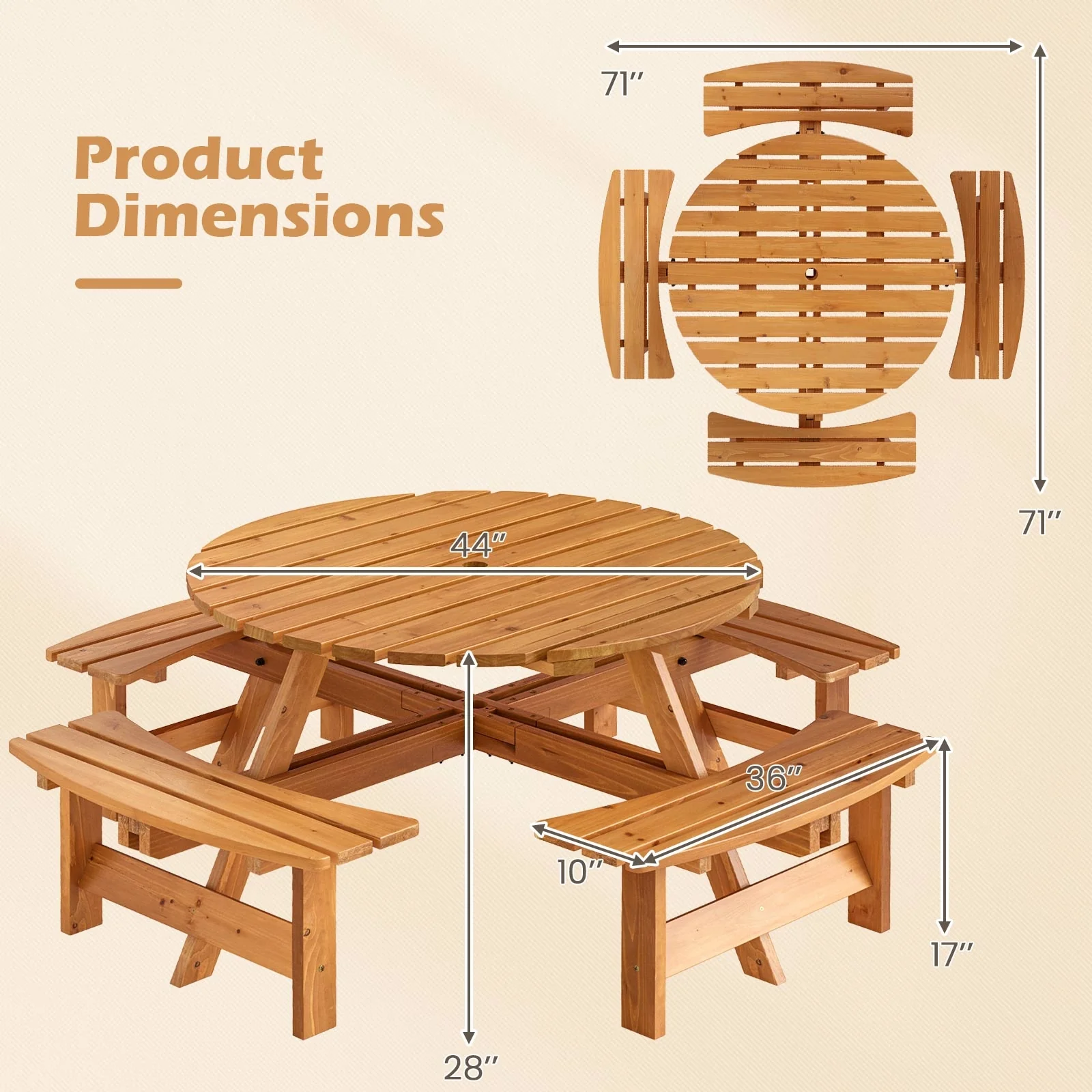 8-Person Round Picnic Table Set With Benches, Yellow - Image 6