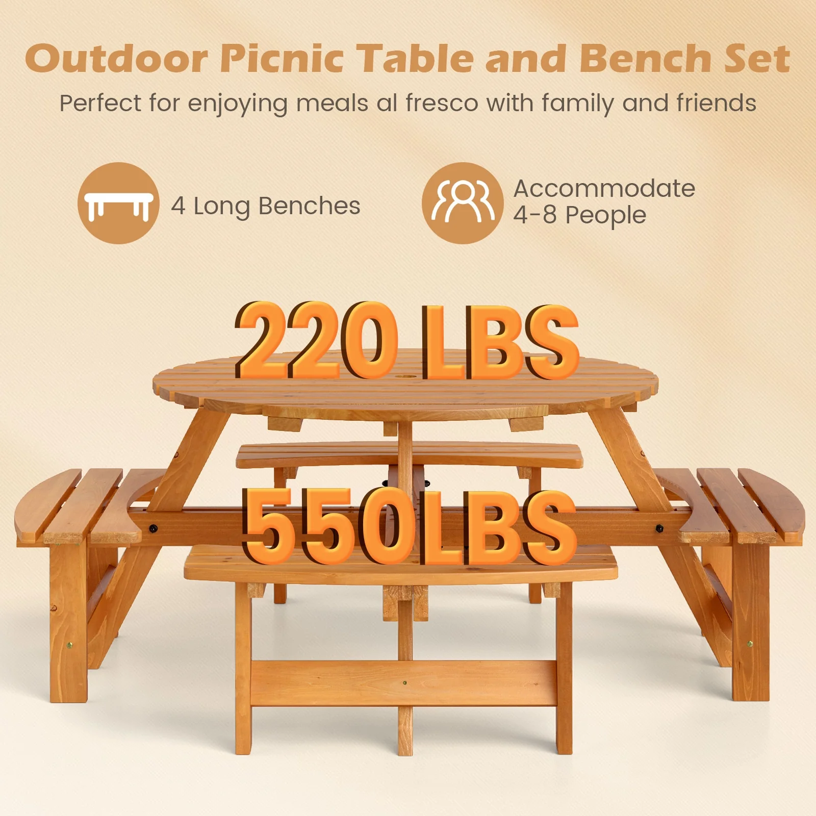 8-Person Round Picnic Table Set With Benches, Yellow - Image 7