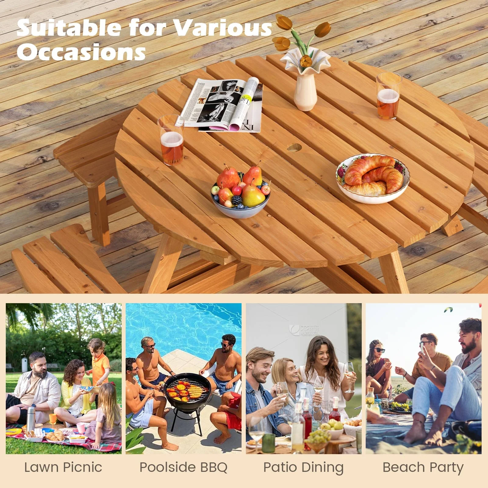 8-Person Round Picnic Table Set With Benches, Yellow - Image 9