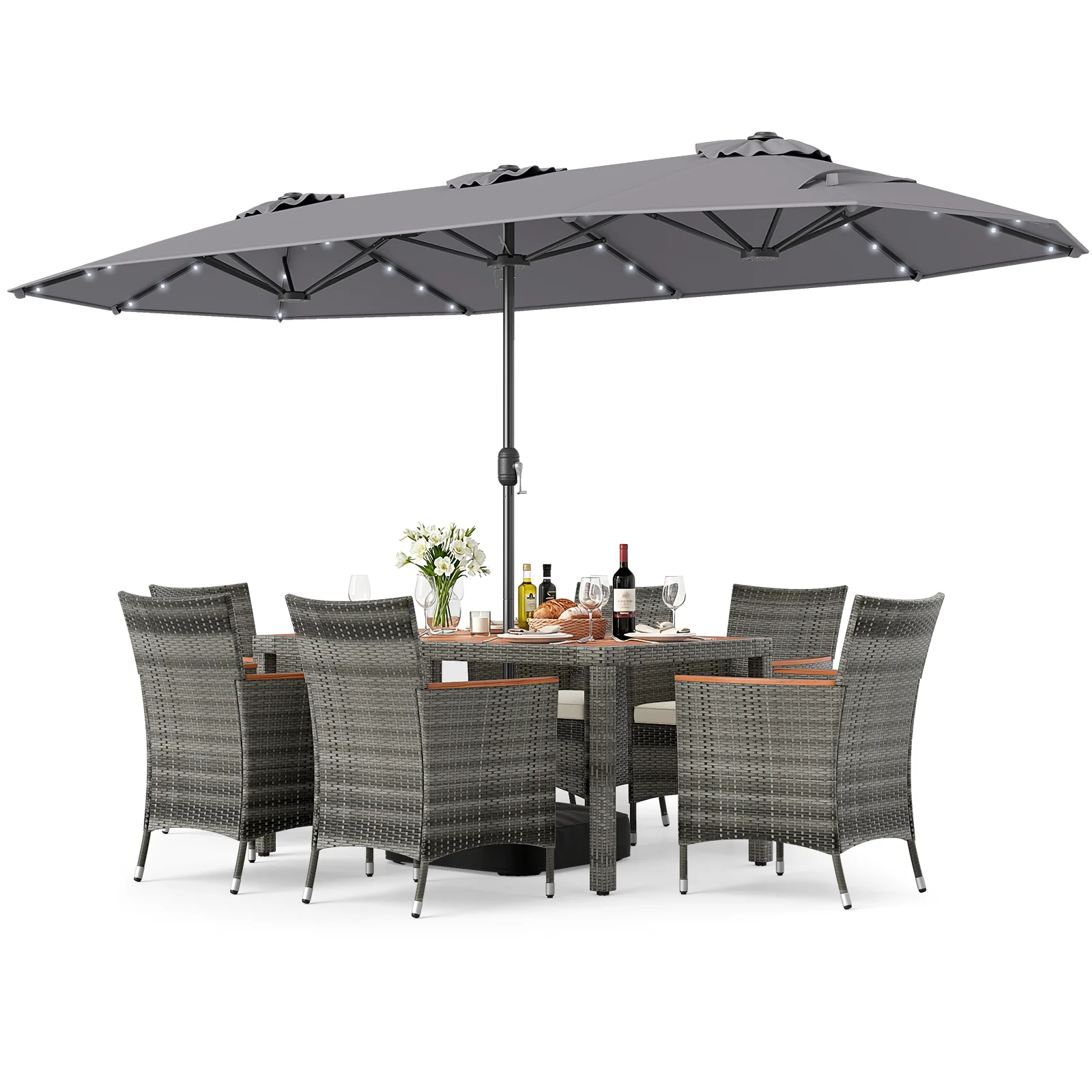 8 Piece Outdoor Wicker Dining Set, 13.5 FT Double-Sided Patio Umbrella, Gray