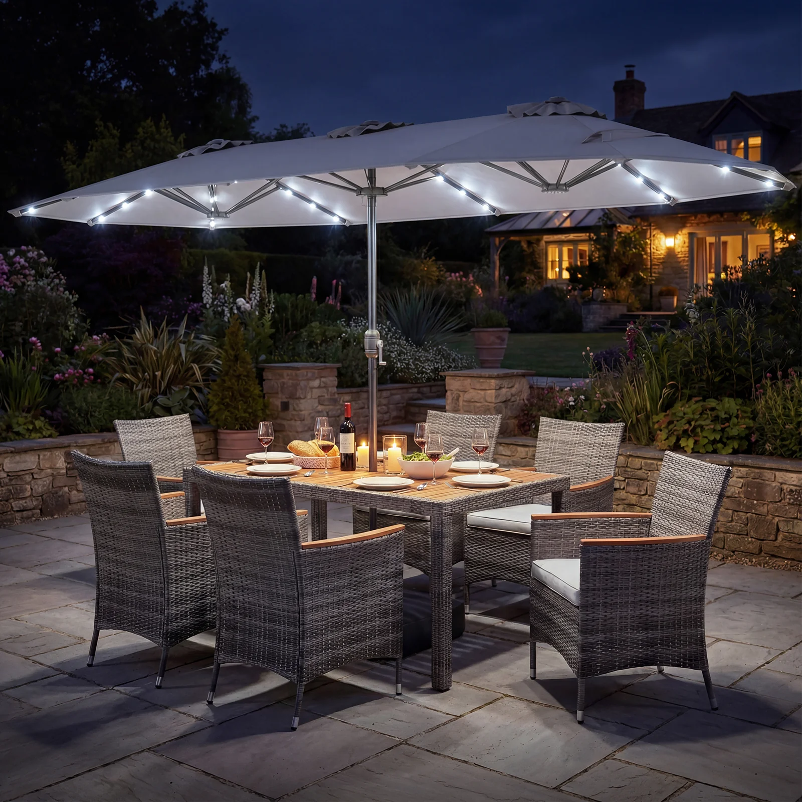 8 Piece Outdoor Wicker Dining Set, 13.5 FT Double-Sided Patio Umbrella, Gray - Image 2