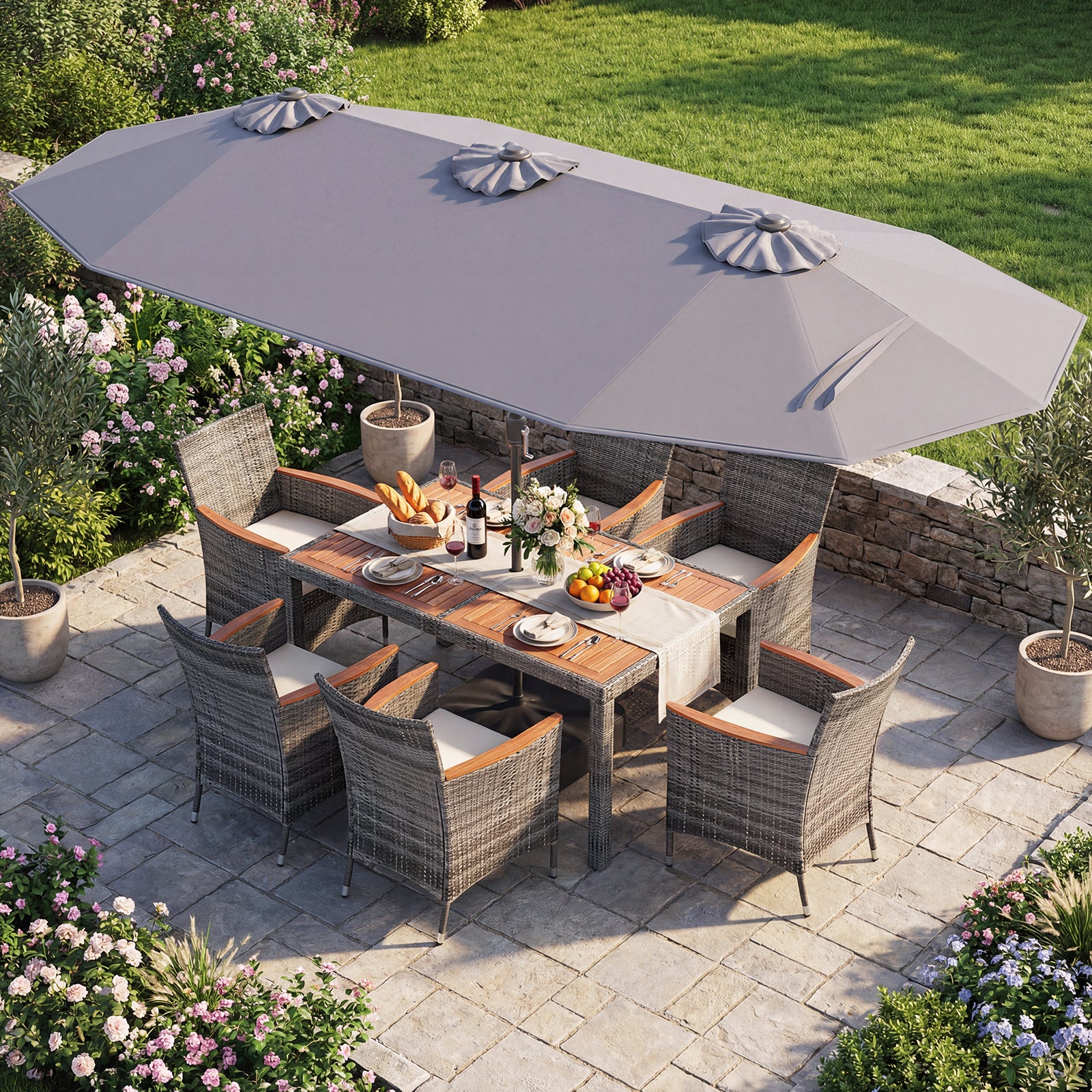 8 Piece Outdoor Wicker Dining Set, 13.5 FT Double-Sided Patio Umbrella, Gray - Image 3