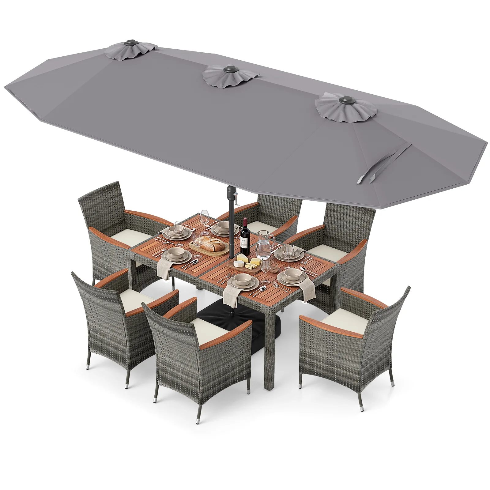 8 Piece Outdoor Wicker Dining Set, 13.5 FT Double-Sided Patio Umbrella, Gray - Image 4