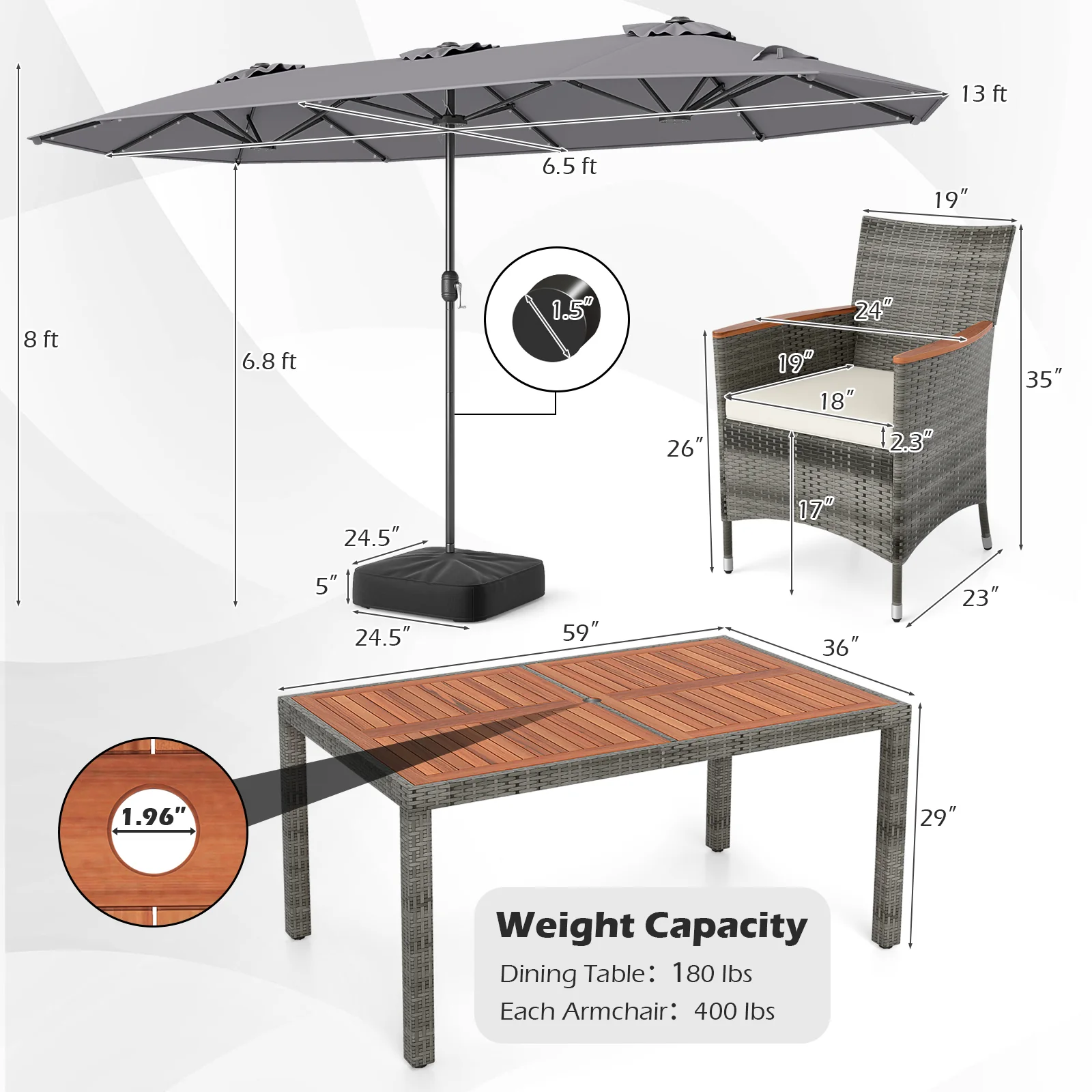 8 Piece Outdoor Wicker Dining Set, 13.5 FT Double-Sided Patio Umbrella, Gray - Image 5