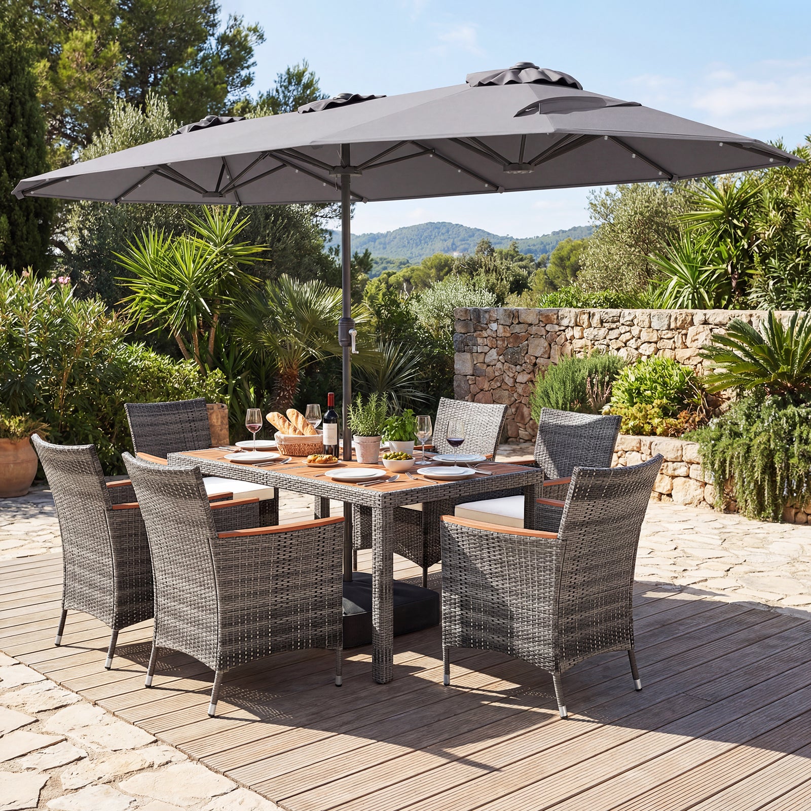 8 Piece Outdoor Wicker Dining Set, 13.5 FT Double-Sided Patio Umbrella, Gray - Image 6