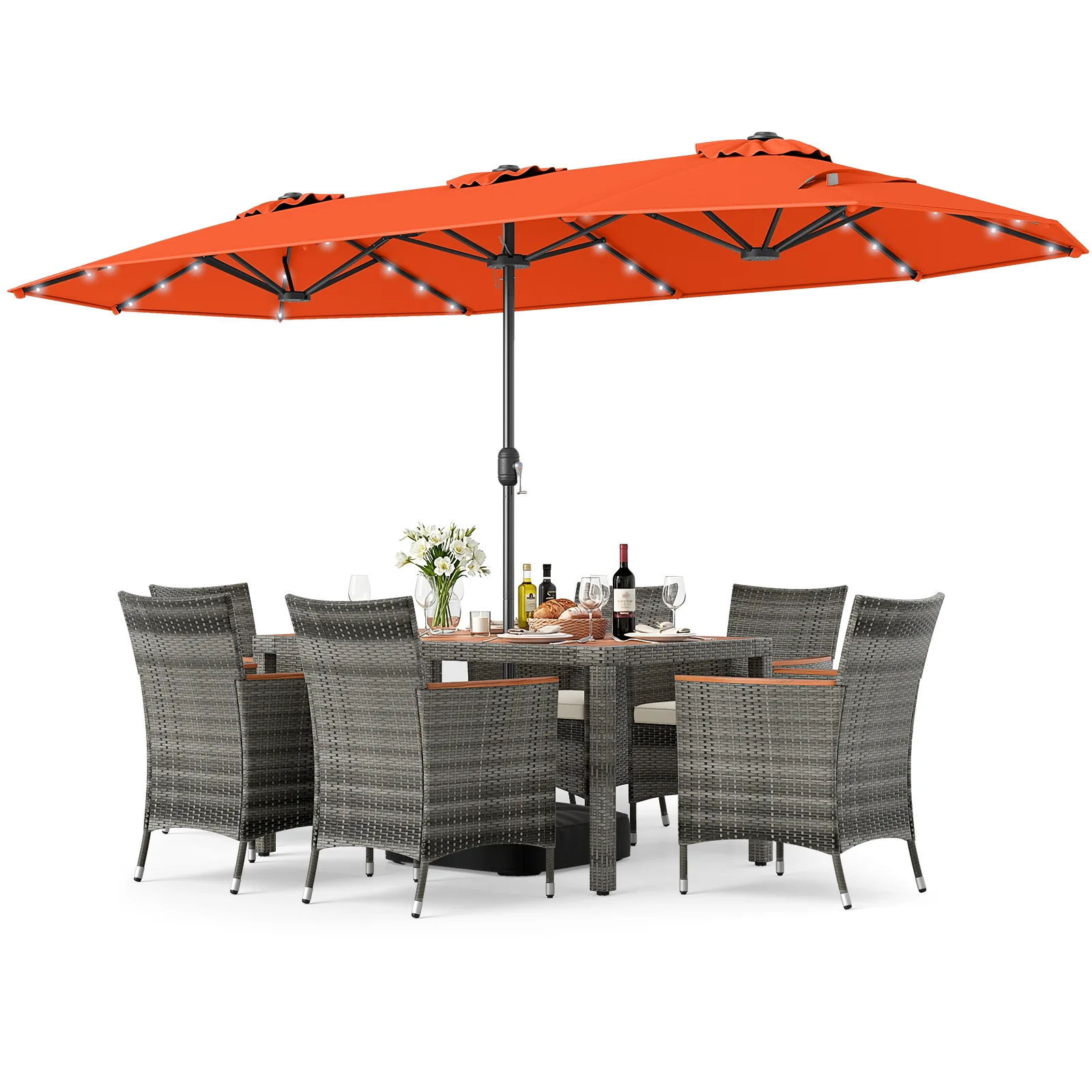 8 Piece Outdoor Wicker Dining Set, 13.5 FT Double-Sided Patio Umbrella, Orange