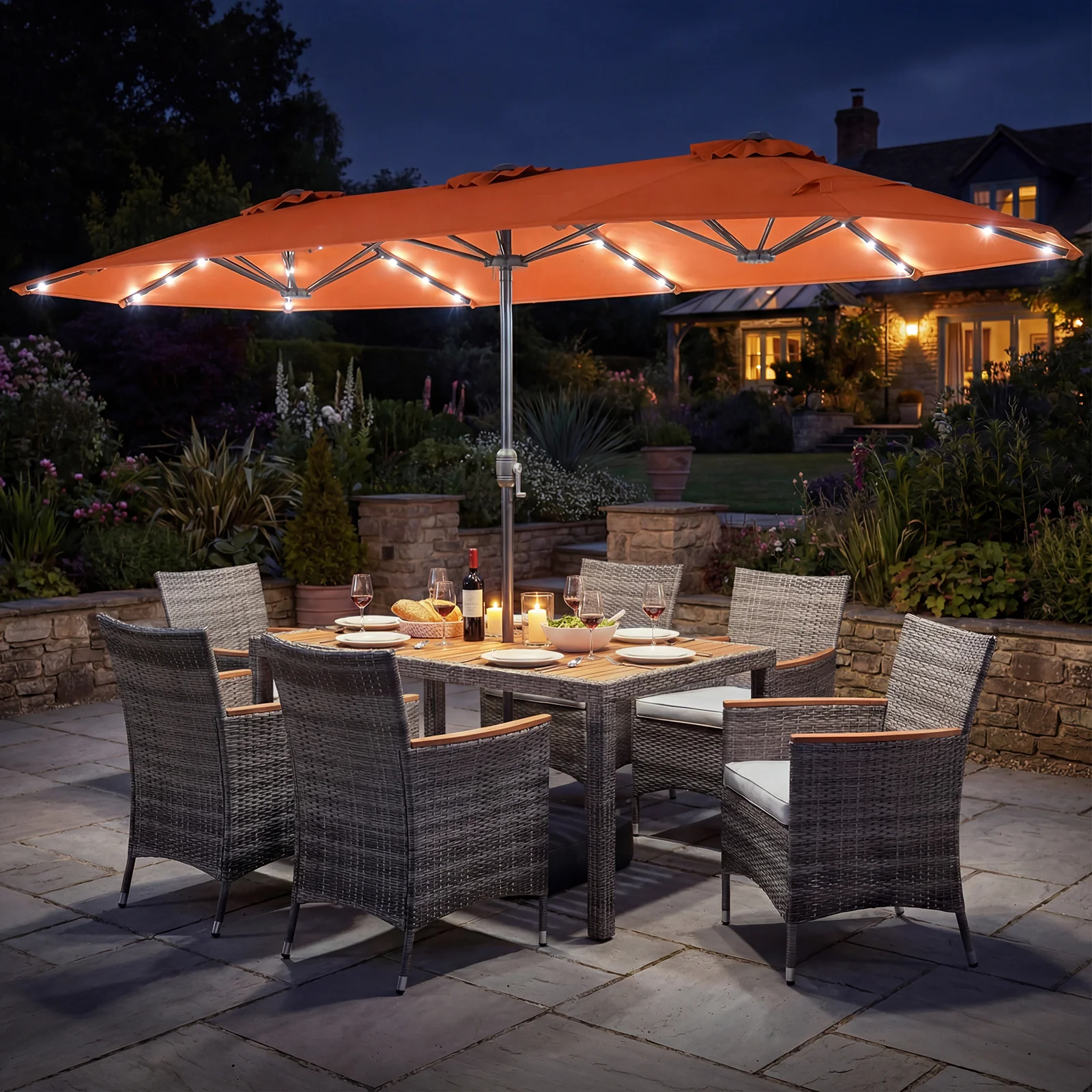 8 Piece Outdoor Wicker Dining Set, 13.5 FT Double-Sided Patio Umbrella, Orange - Image 2