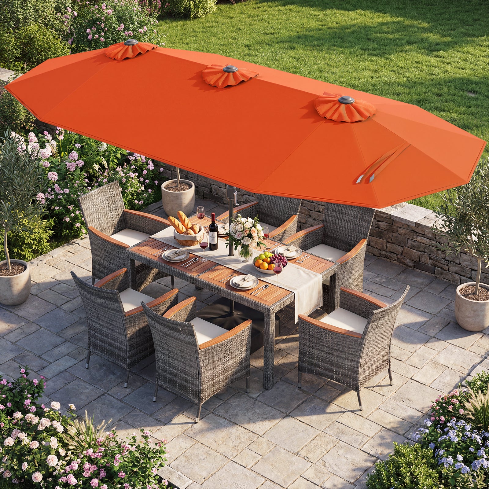 8 Piece Outdoor Wicker Dining Set, 13.5 FT Double-Sided Patio Umbrella, Orange - Image 3
