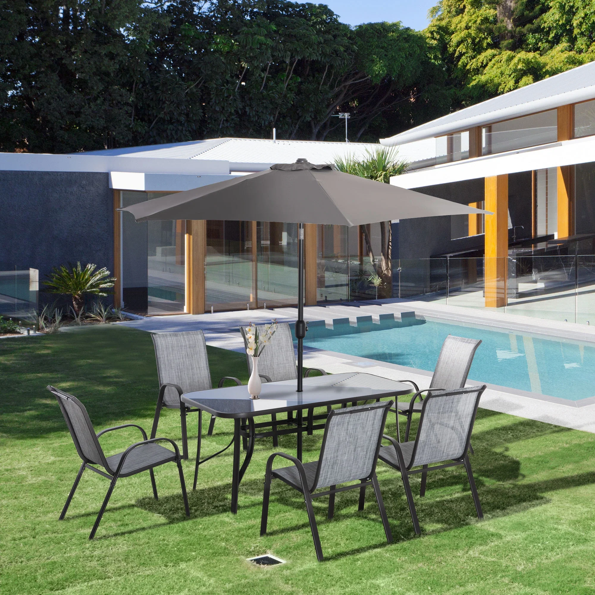 8-Piece Patio Dining Set, 6 Chairs, Table, Grey - Image 2