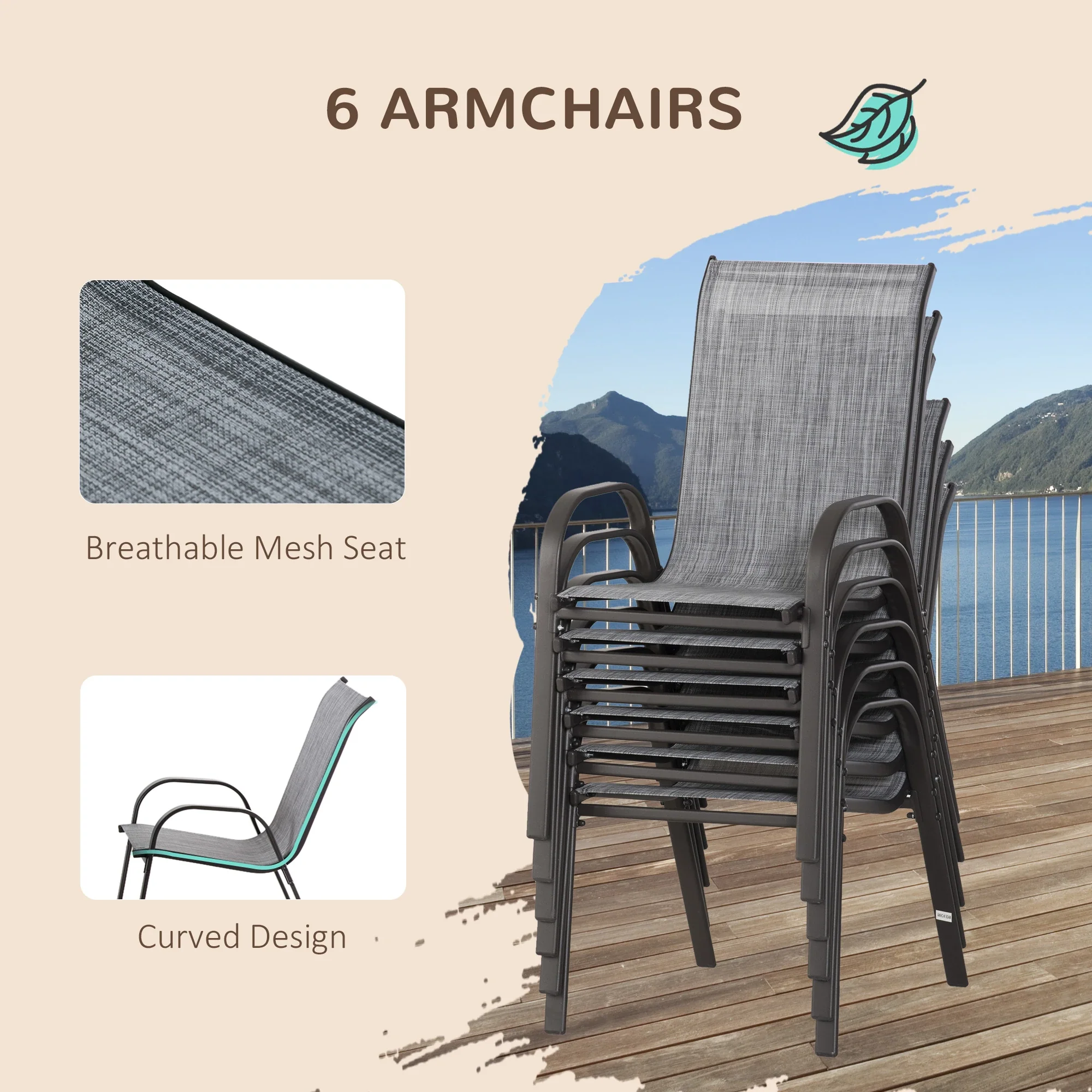 8-Piece Patio Dining Set, 6 Chairs, Table, Grey - Image 6
