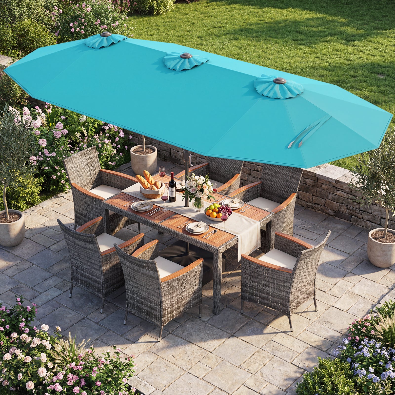 8-Piece Patio Dining Set, Double-Sided Market Umbrella, Turquoise - Image 3
