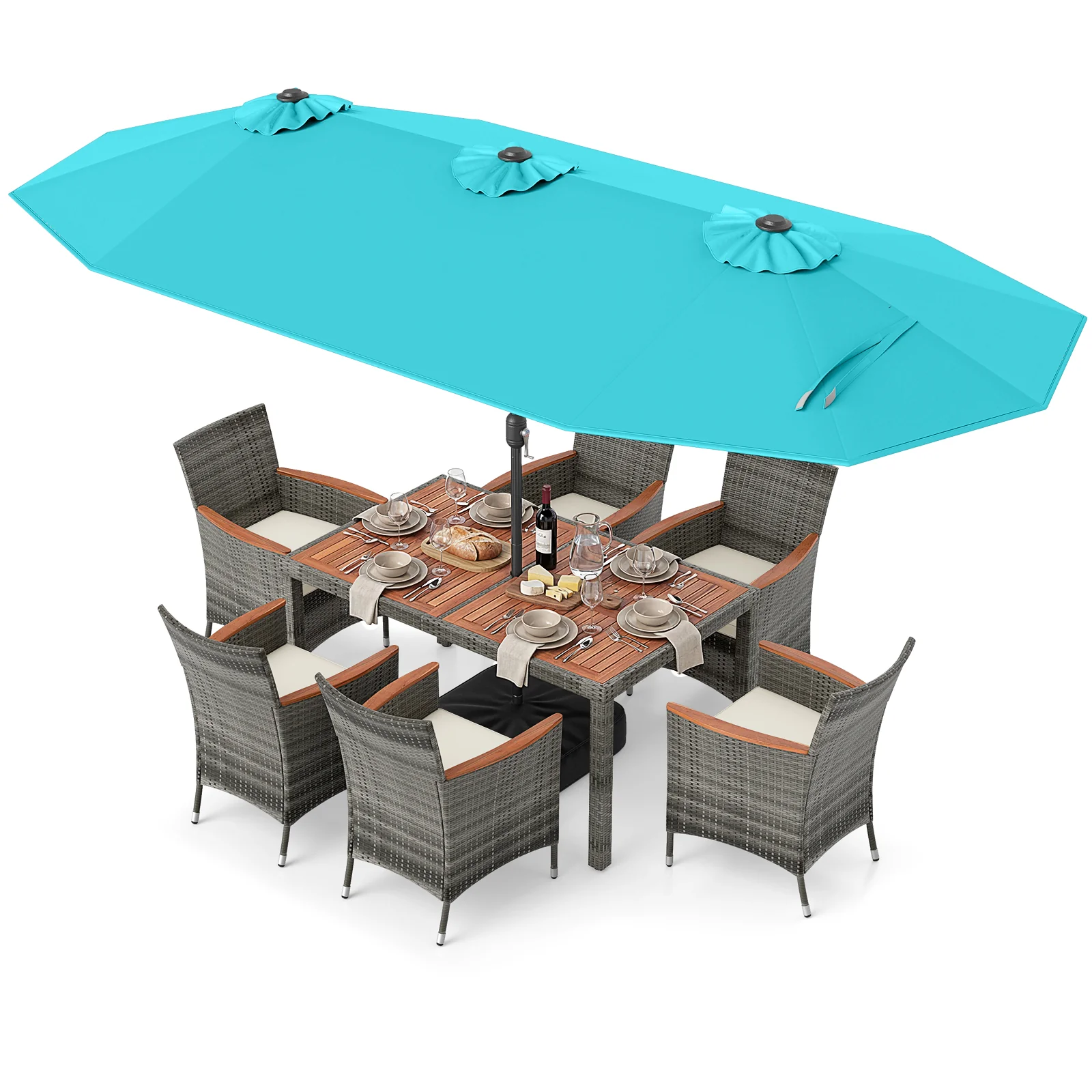 8-Piece Patio Dining Set, Double-Sided Market Umbrella, Turquoise - Image 4