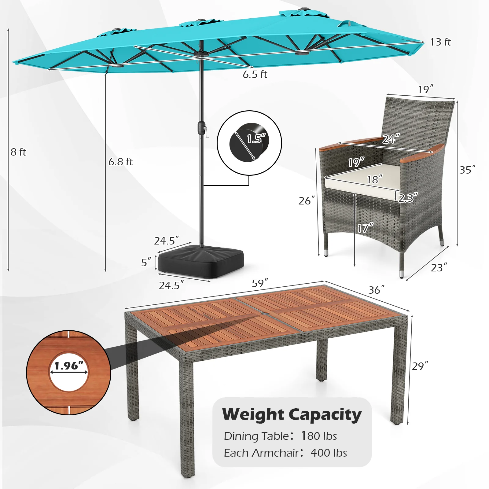 8-Piece Patio Dining Set, Double-Sided Market Umbrella, Turquoise - Image 5