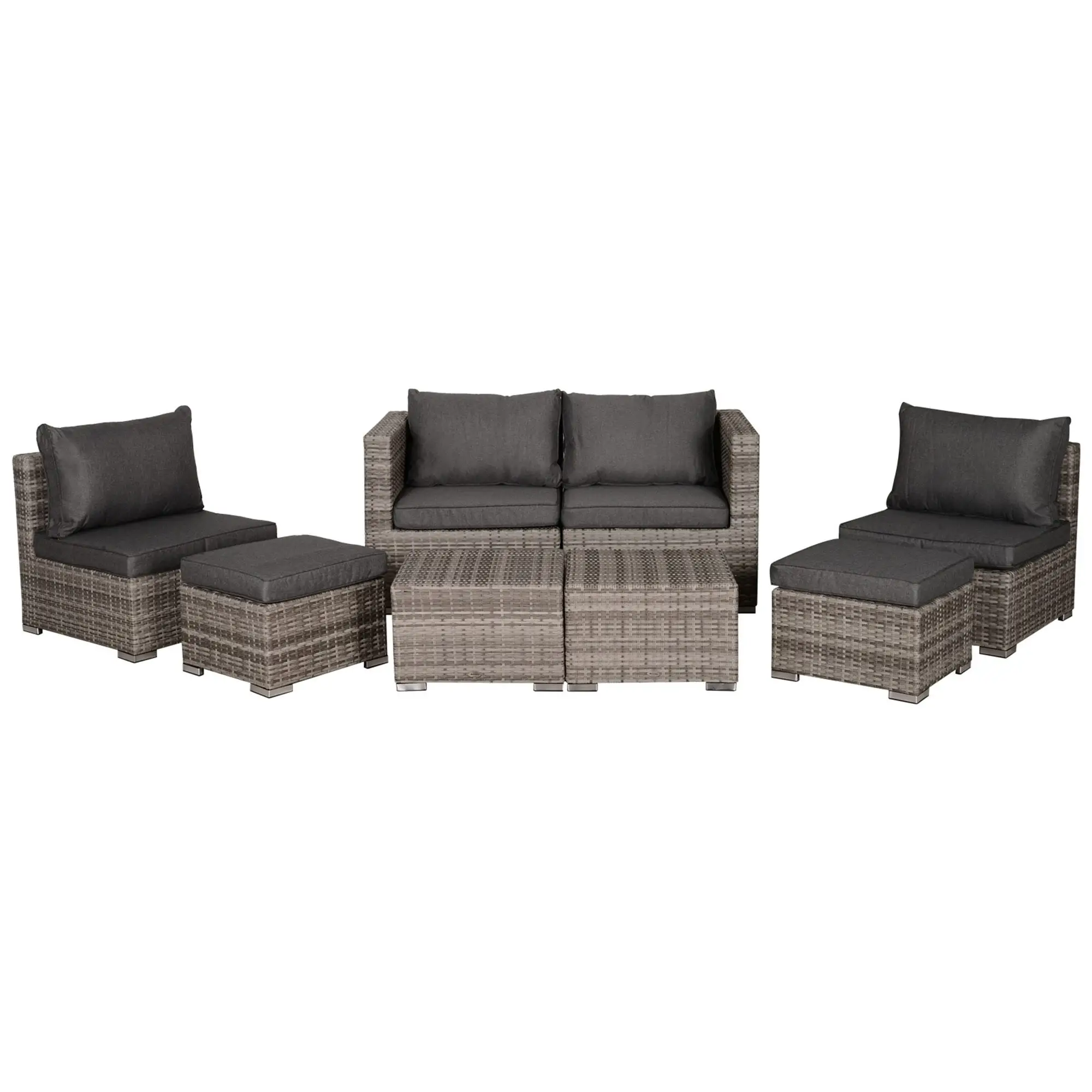 8-Piece Patio Furniture Set, Outdoor Wicker Rattan Sofa, Tea Table, Footstool, Grey & Orange - Image 11