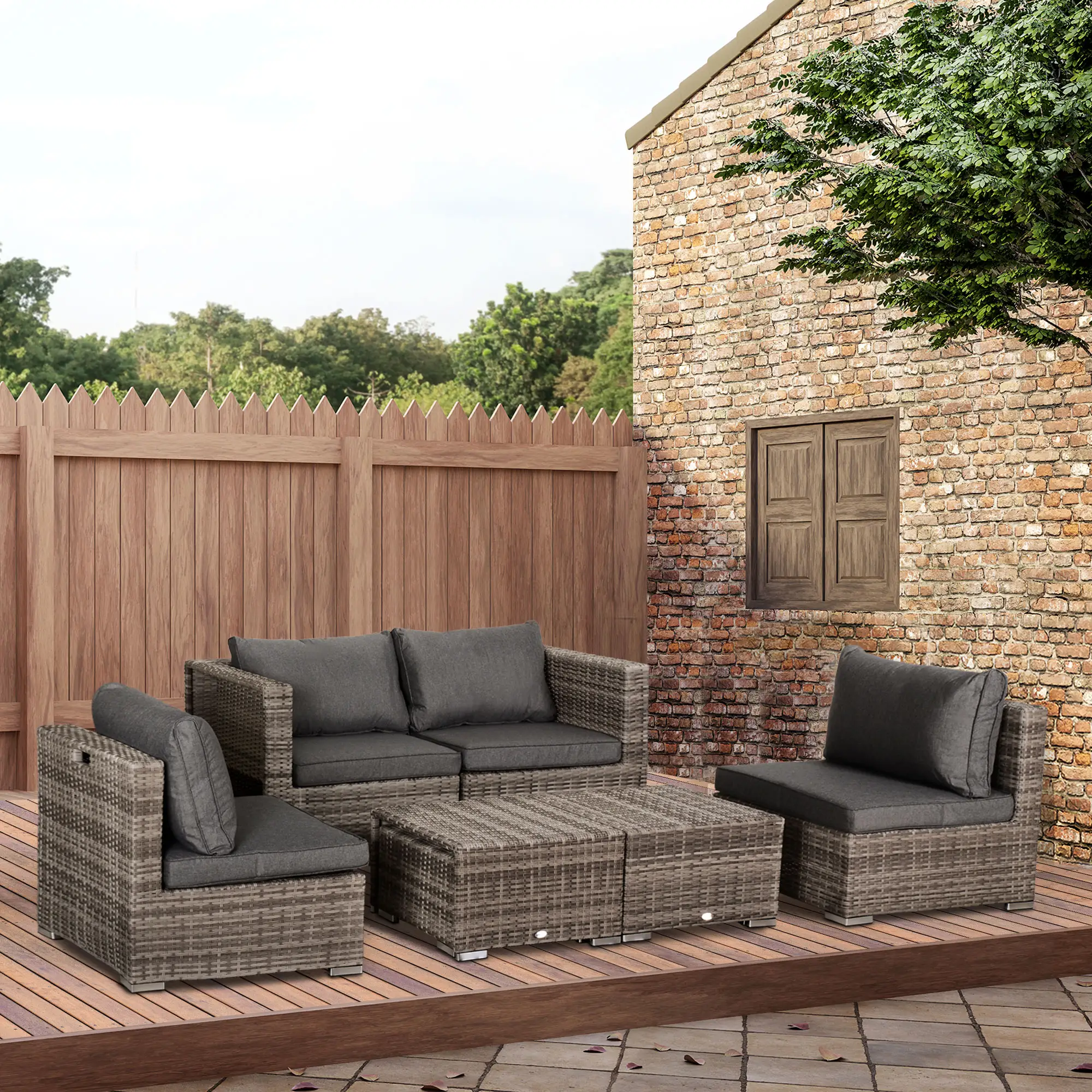 8-Piece Patio Furniture Set, Outdoor Wicker Rattan Sofa, Tea Table, Footstool, Grey & Orange - Image 2