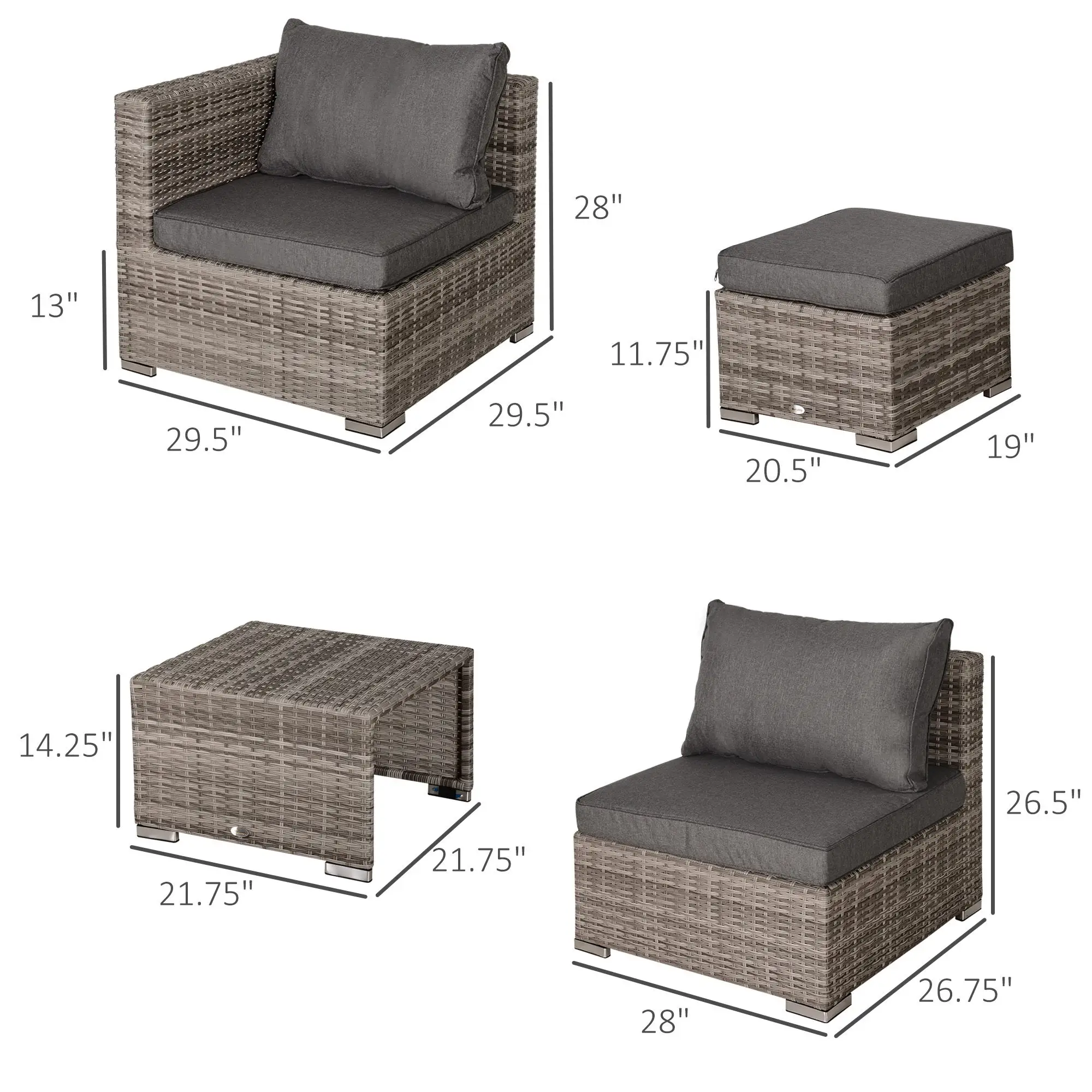 8-Piece Patio Furniture Set, Outdoor Wicker Rattan Sofa, Tea Table, Footstool, Grey & Orange - Image 3