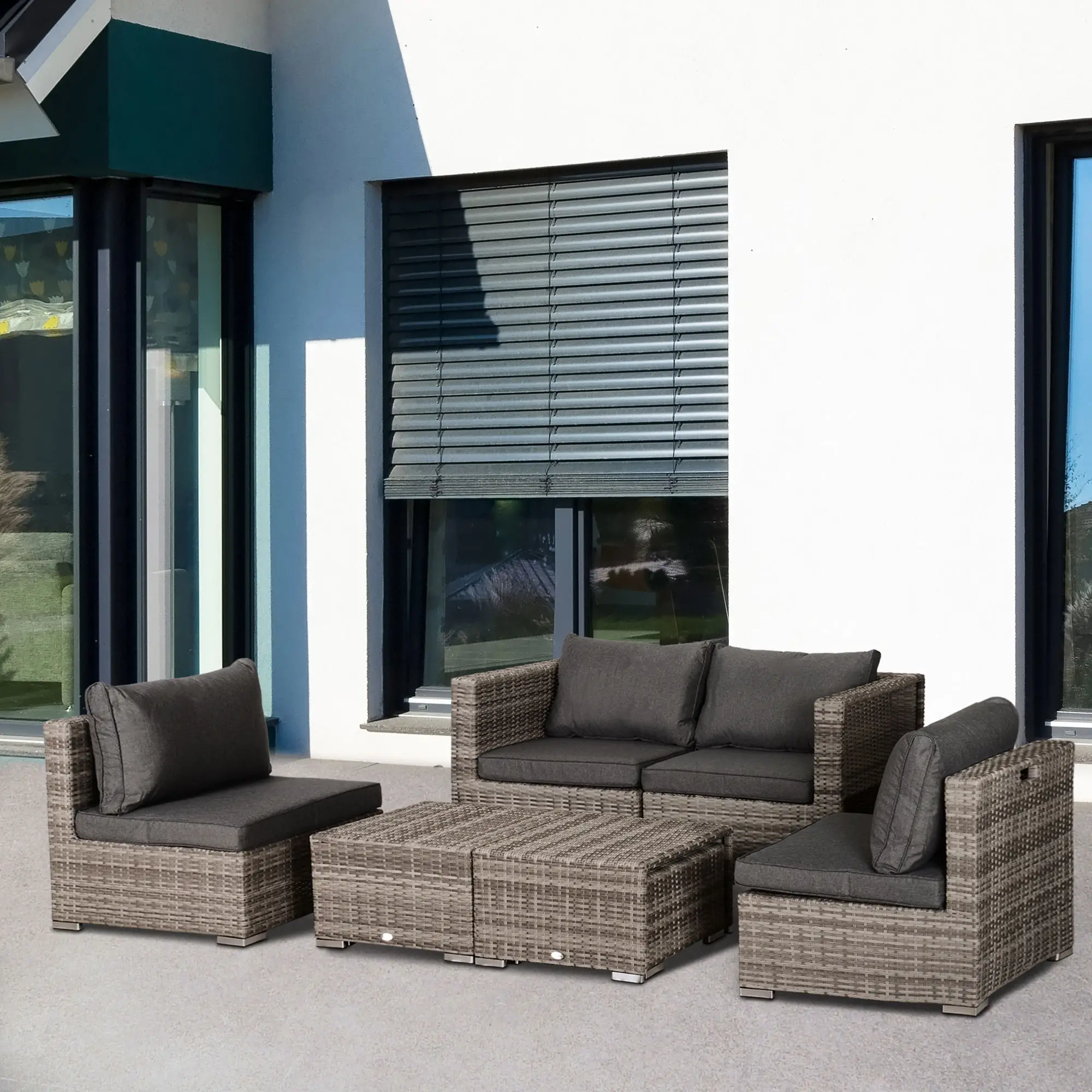 8-Piece Patio Furniture Set, Outdoor Wicker Rattan Sofa, Tea Table, Footstool, Grey & Orange - Image 8