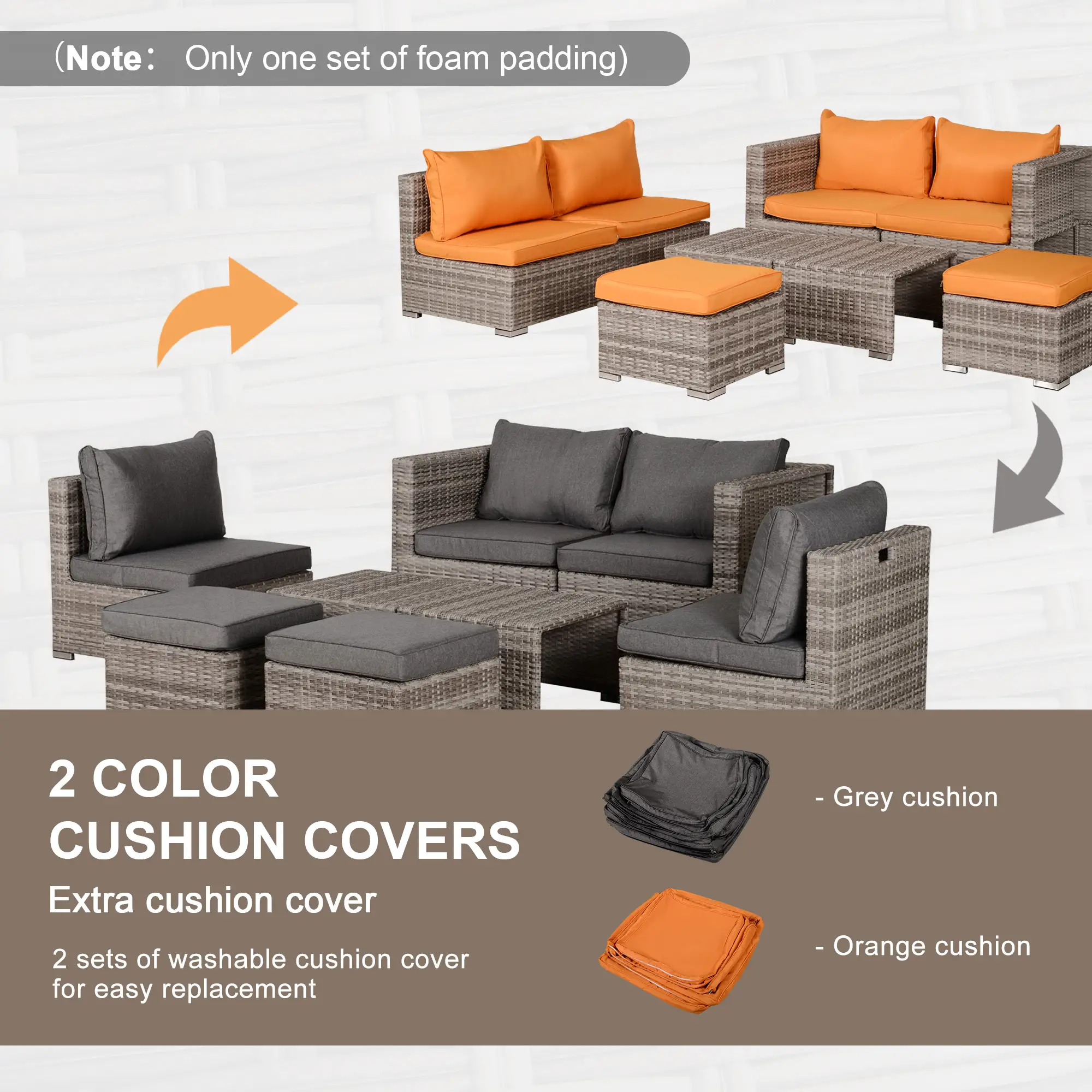 8-Piece Patio Furniture Set, Outdoor Wicker Rattan Sofa, Tea Table, Footstool, Grey & Orange - Image 9