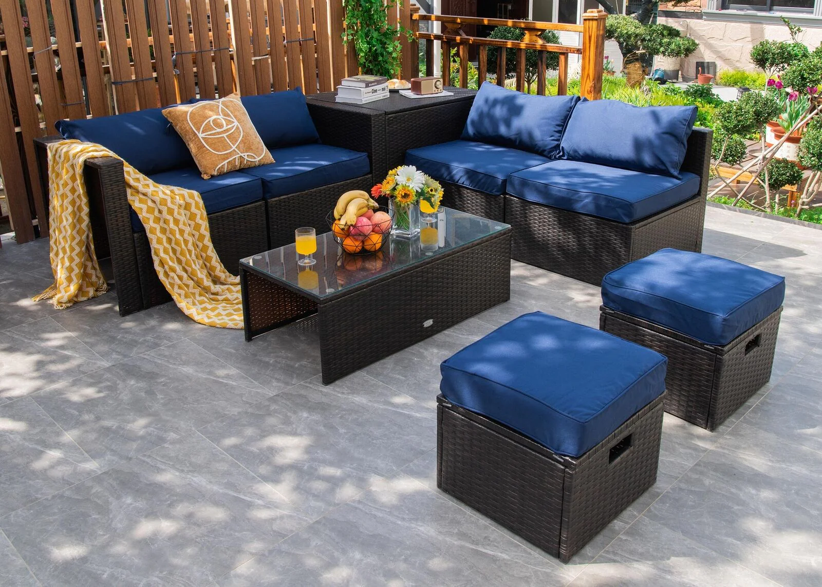 8 Piece Patio Rattan Furniture Set, Storage Box, Waterproof Cover, Navy - Image 2