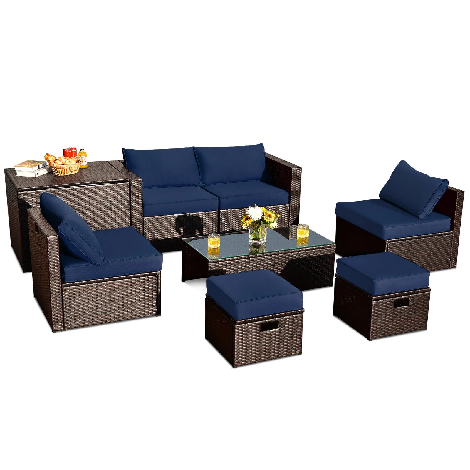 8 Piece Patio Rattan Furniture Set, Storage Box, Waterproof Cover, Navy - Image 4