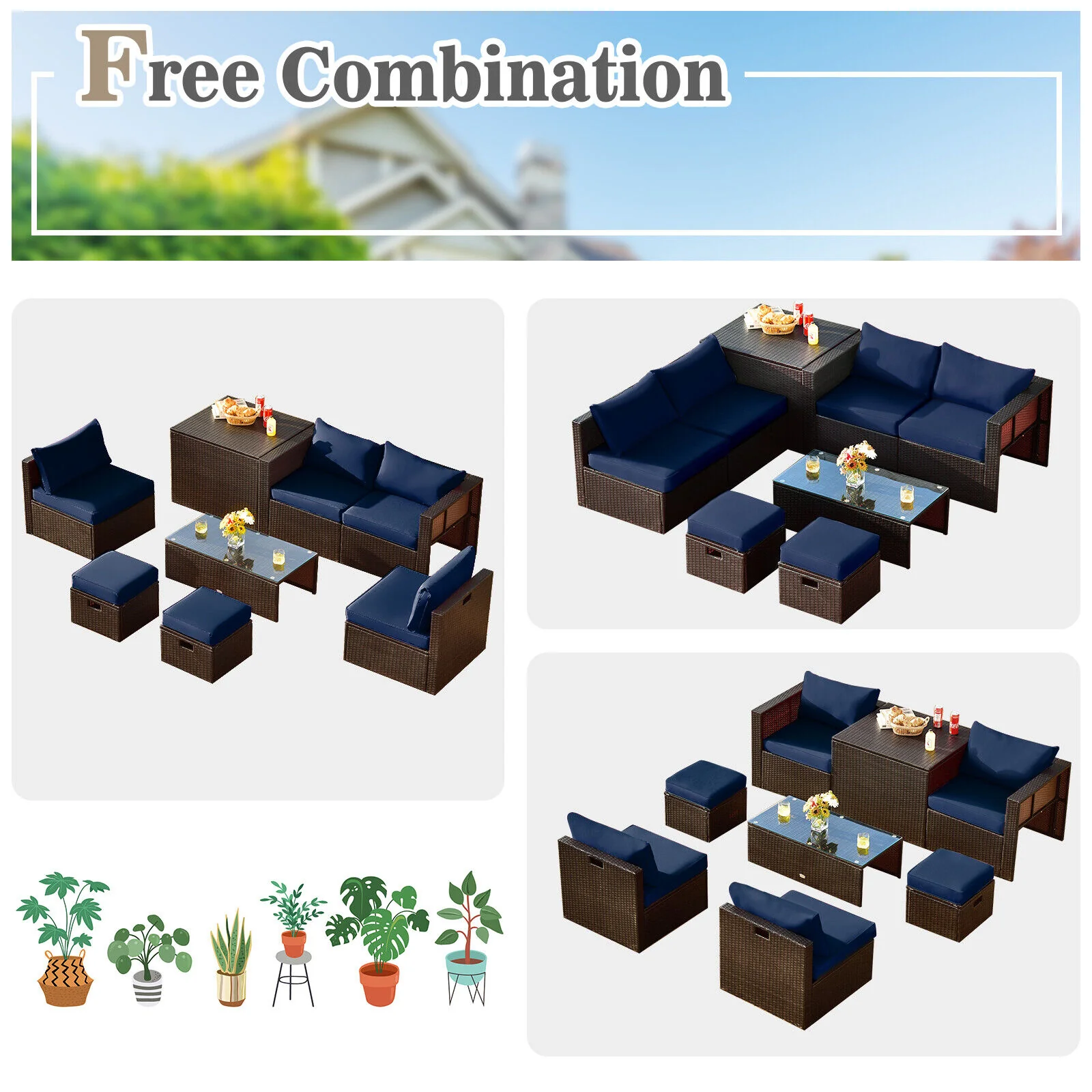 8 Piece Patio Rattan Furniture Set, Storage Box, Waterproof Cover, Navy - Image 6